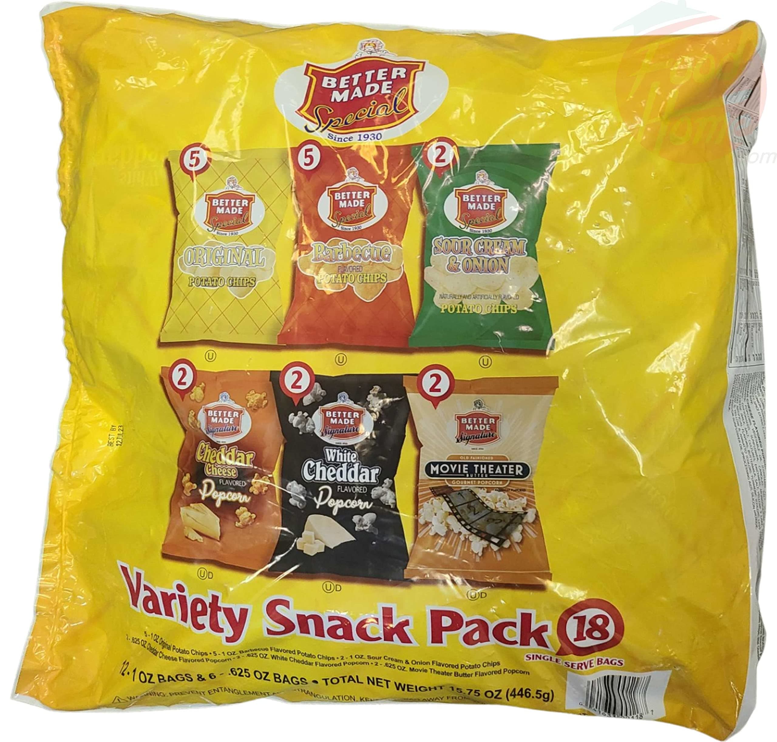 Better Made variety snack pack potato chips; 5-original, 5-bbq, 2-sour cream: popcorn; 2-cheddar cheese, 2-white cheddar, 2-movie; 15.75-ounce bag