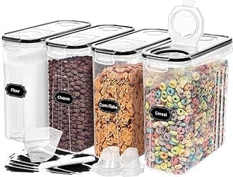 4PCS Cereal Containers Storage [4L/135.2 oz], Airtight Food Storage Containers with Pour Spout for Kitchen & Pantry Organization Storage, Plastic Cereal Dispensers, Measuring Cup & 20 Labels