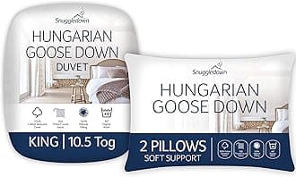 Snuggledown Hungarian Goose Down King Size Duvet - 10.5 Tog All Year Round Premium Quilt Ideal for Summer & Winter, 2 Soft Pillows - Jacquard Cotton Cover, Machine Washable, Size (225cm x 220cm)