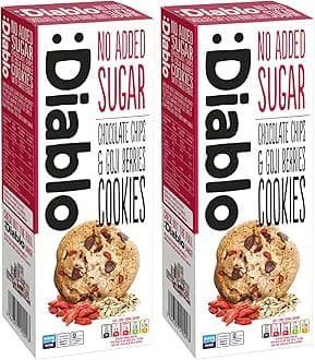 Diablo No Added Sugar Cookies, Chocolate Chips & Goji Berries – Low Sugar Snacks, Cookies Biscuits for All, Sweetened with Maltitol, Ideal for Gifting, Festive Hampers & Holiday – 135g Pack of 2
