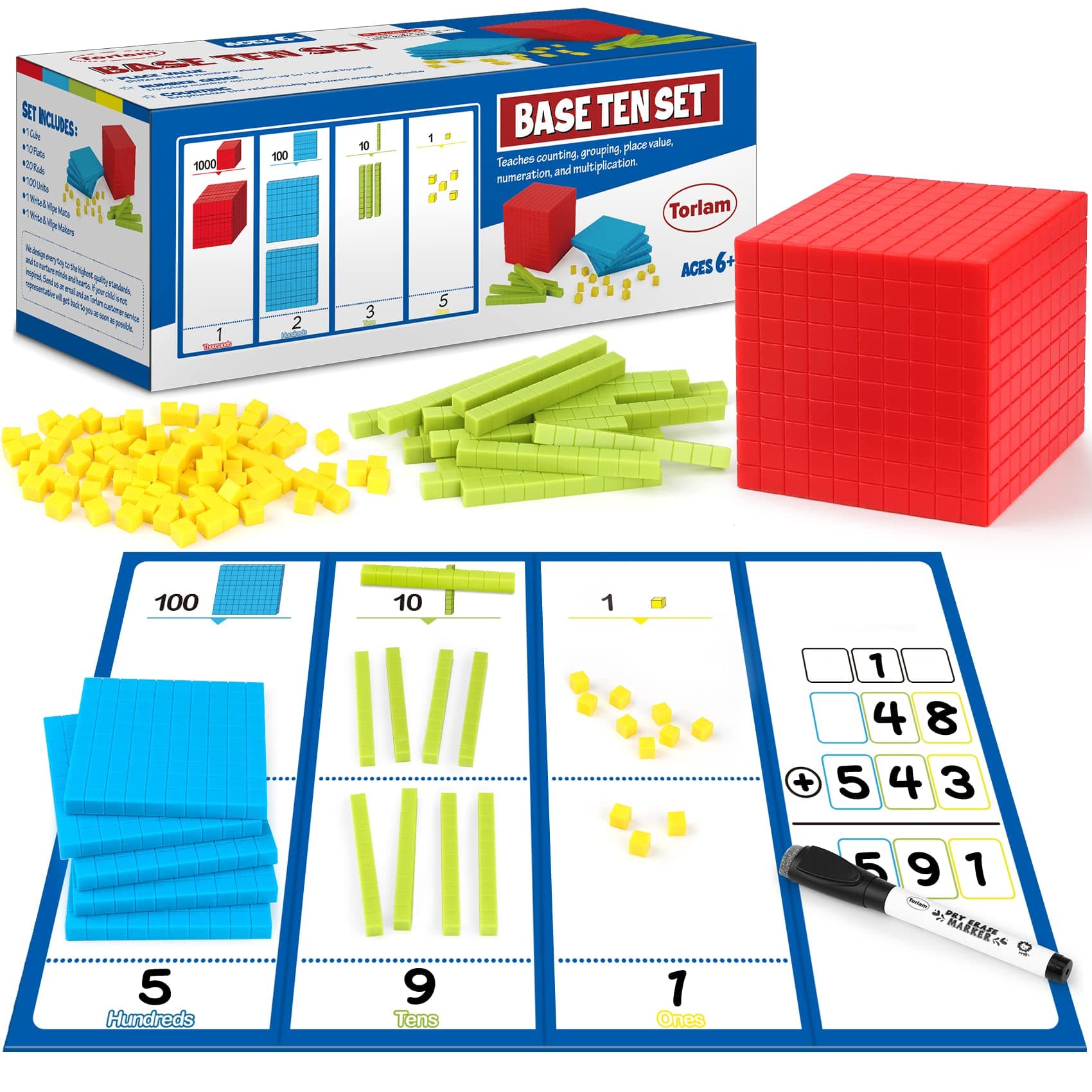 131 PCS Base Ten Blocks - Place Value Blocks, Plastic Base 10 Math Manipulatives for 1st Grade, Addition and Subtraction Games Math Counters and Cubes for Kids