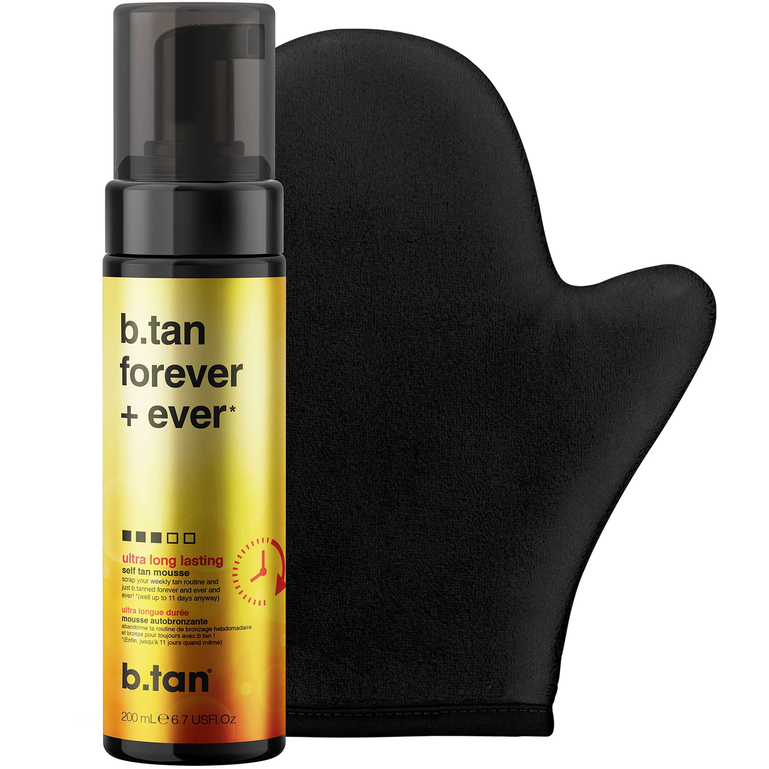Long Lasting Self Tanning Gift Set | b.tan Forever Kit - Best Express Fake Tan w/Mitt Applicator Glove, 1 Hour Dark Face & Body Tanner Mousse, Instant Results, Vegan, Cruelty Free, 200ml