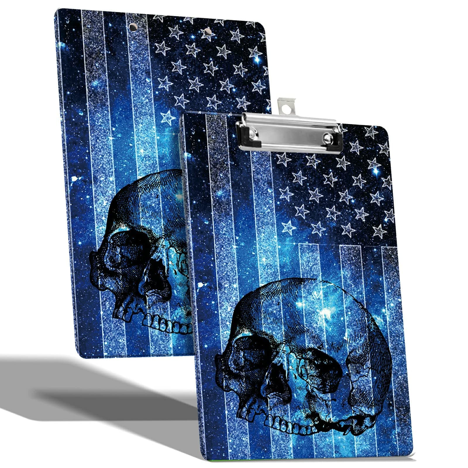 A4 Size Clipboard with Hanging Hook and Low Profile Clip, Plastic Nurse Clipboard Writing Drawing Board with Double-Sided Blue Skull Flag Print for Woman Kids Office School Use