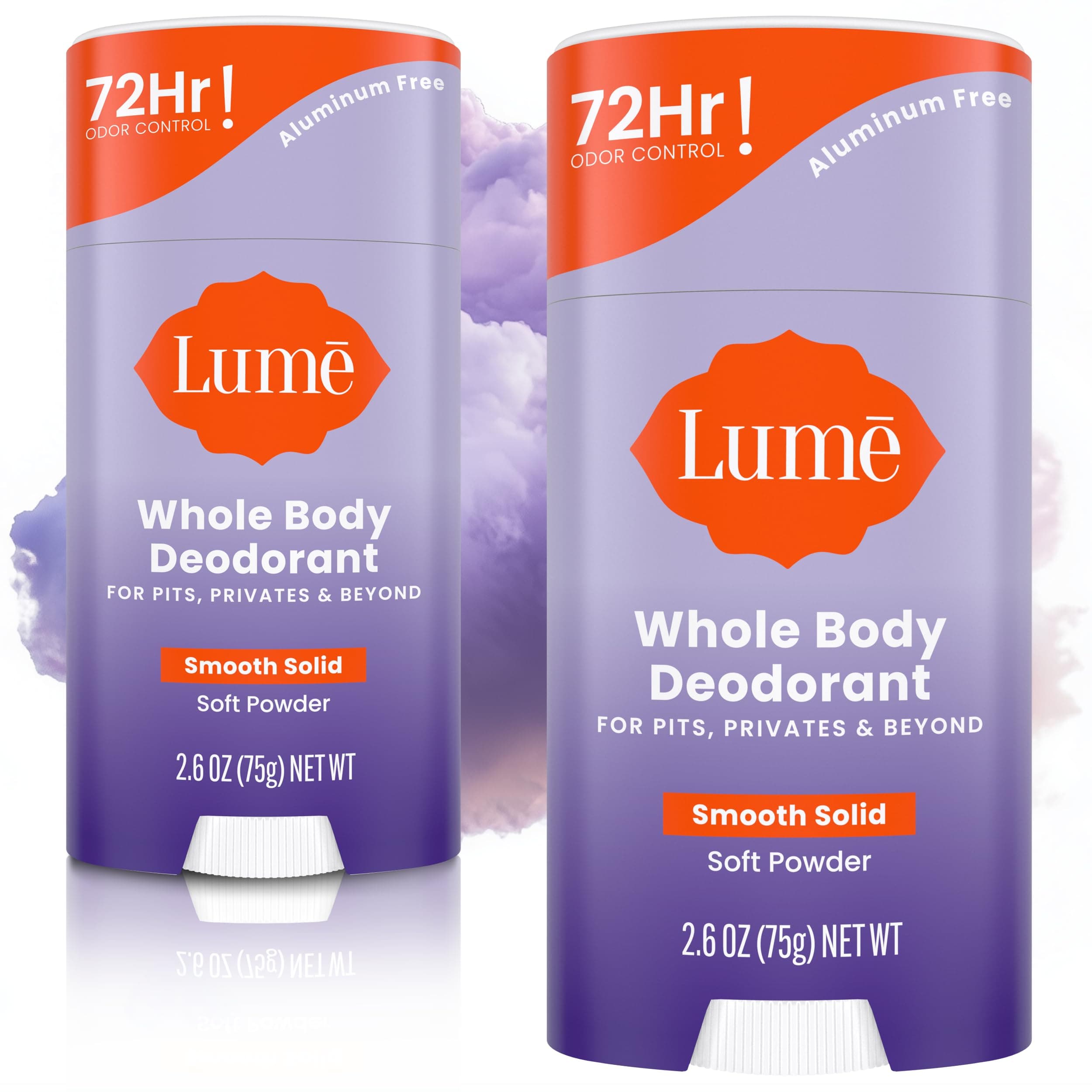 Lume Whole Body Deodorant - Smooth Solid Stick- 72 Hour Odor Control - Aluminum Free, Baking Soda Free and Skin Safe - 2.6 Ounce (Pack of 2) (Soft Powder)