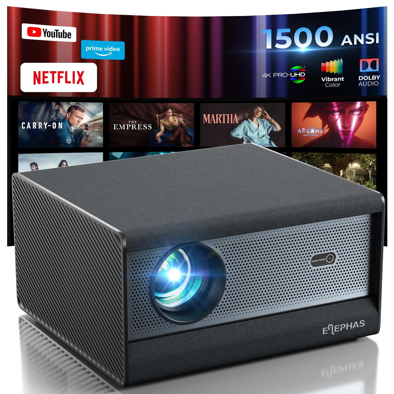 ELEPHASSmart 4K Projector with WiFi and Bluetooth, Compatible with Netflix, Prime Video, YouTube, Dust-Proof Sealed, Dolby Audio, Auto Focus & Keystone PRO UHD HDR 10+ Video Projector