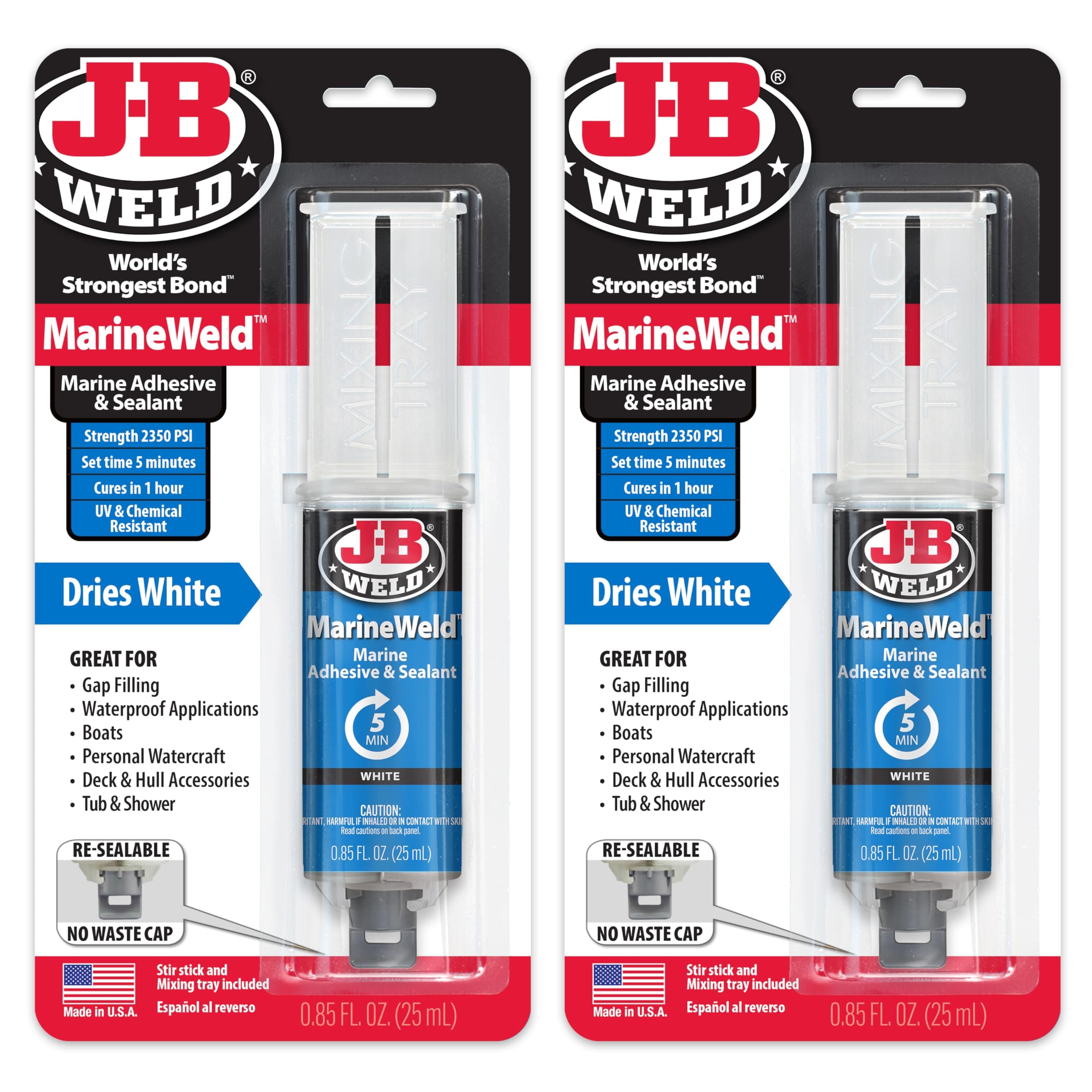 J-B Weld MarineWeld Syringe 2-Pack, White, UV Resistant, High-Strength & Impact Resistant, 25ml 2-Pack, 50172-2
