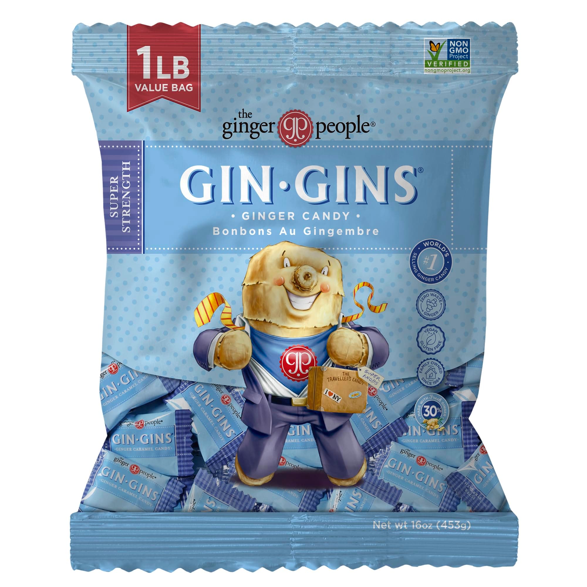 GIN GINS Super Strength – Natural Ginger Candy by The Ginger People – Individually Wrapped Healthy Candy – Super Strength Flavor – Large 1 lb Bag (16oz) – Pack of 1