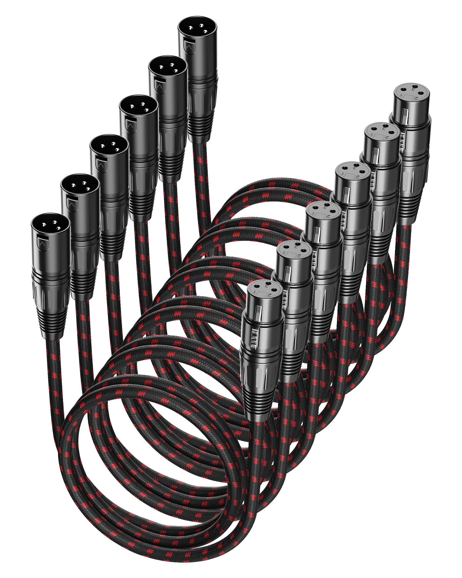 XLR Cables 3 FT 6 Pack, XLR Microphone Cable Male to Female Nylon Braided 3 Pin XLR to XLR Cable Compatible with Microphones, Mixer, Speaker Systems and More, Black-Red, Q-MCR-3FT-6P-01