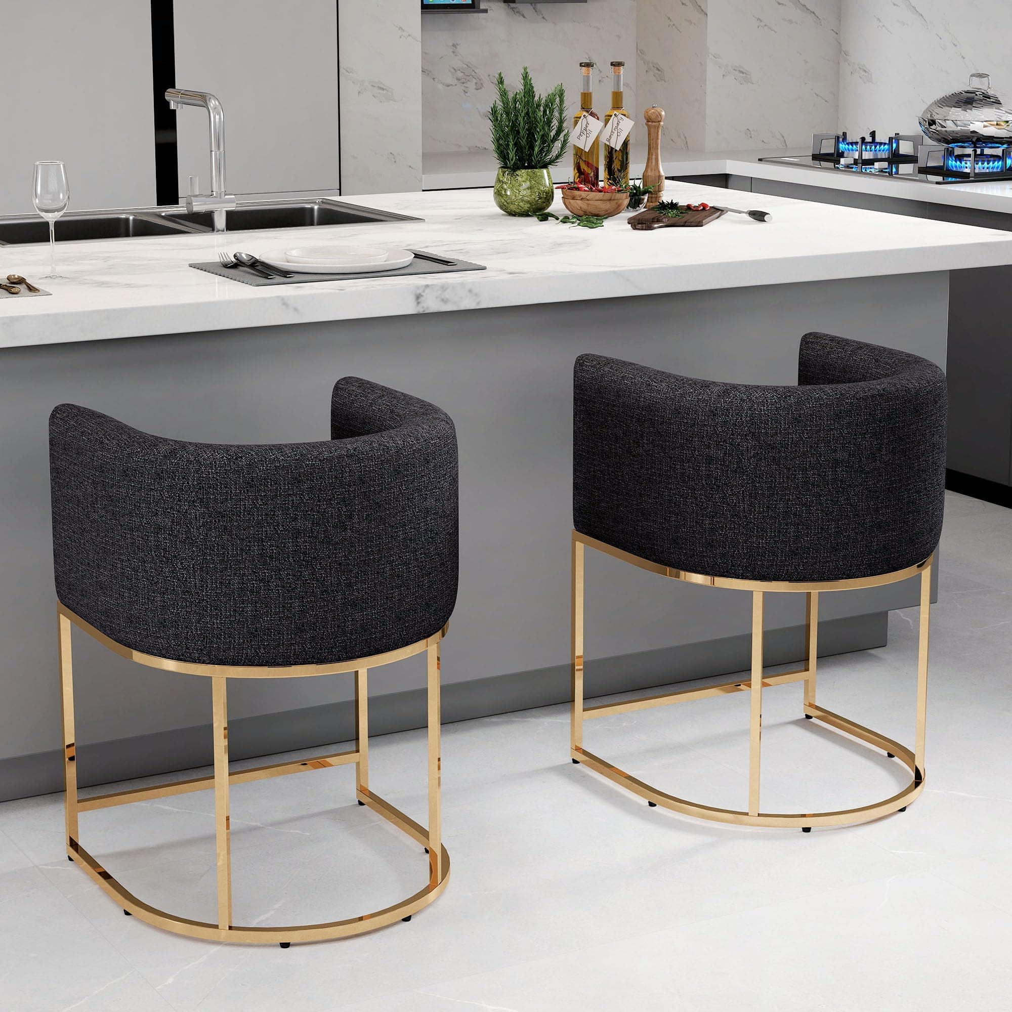 Charcoal Modern Barrel Counter Height Clearance Bar Stools Set of 2, 24 Inch Linen Kitchen Barstools with Back for Island, with Gold Metal Tubular Frame