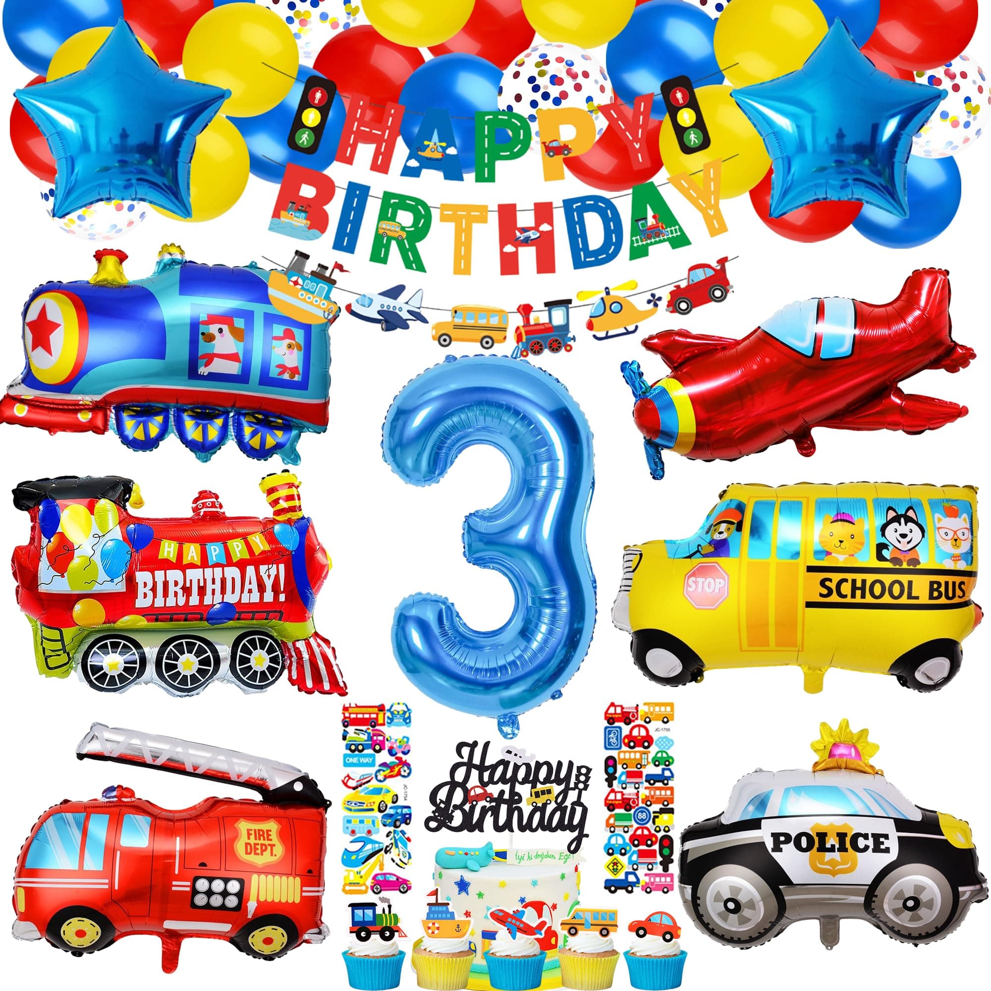 3rd Birthday Decorations Boy, Car Birthday Decorations Set Includes Transportation Stickers, Banners, Cake Topper, Transportation Party Balloon, Suitable for 3rd Transportation Birthday Party Supplies