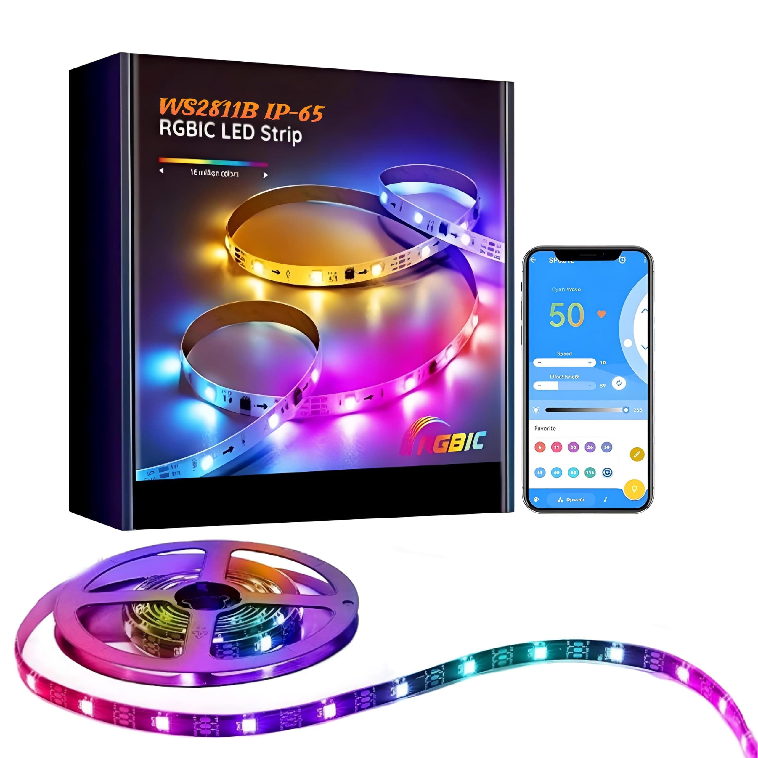 WS2811B RGBIC Strip Set IP-65 Waterproof With App control, Music Sync, Diy Modes, 16.4ft ,60 Led/M (300 leds) Black PCB DC12V Chasing Effect for Bedroom,Home Decoration [Controller & Adapter Included]