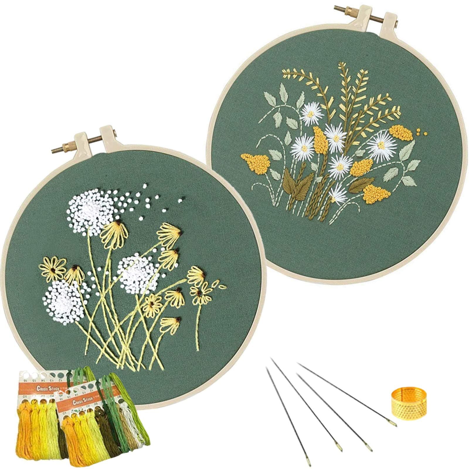 DIY Embroidery Starter Kit w/t Pattern Full Range of Stamped Embroidery Kits w/t Instructions, Embroidery Floral Pattern, Bamboo Hoop, Color Threads & Tools (2 Pack, Model 4#)