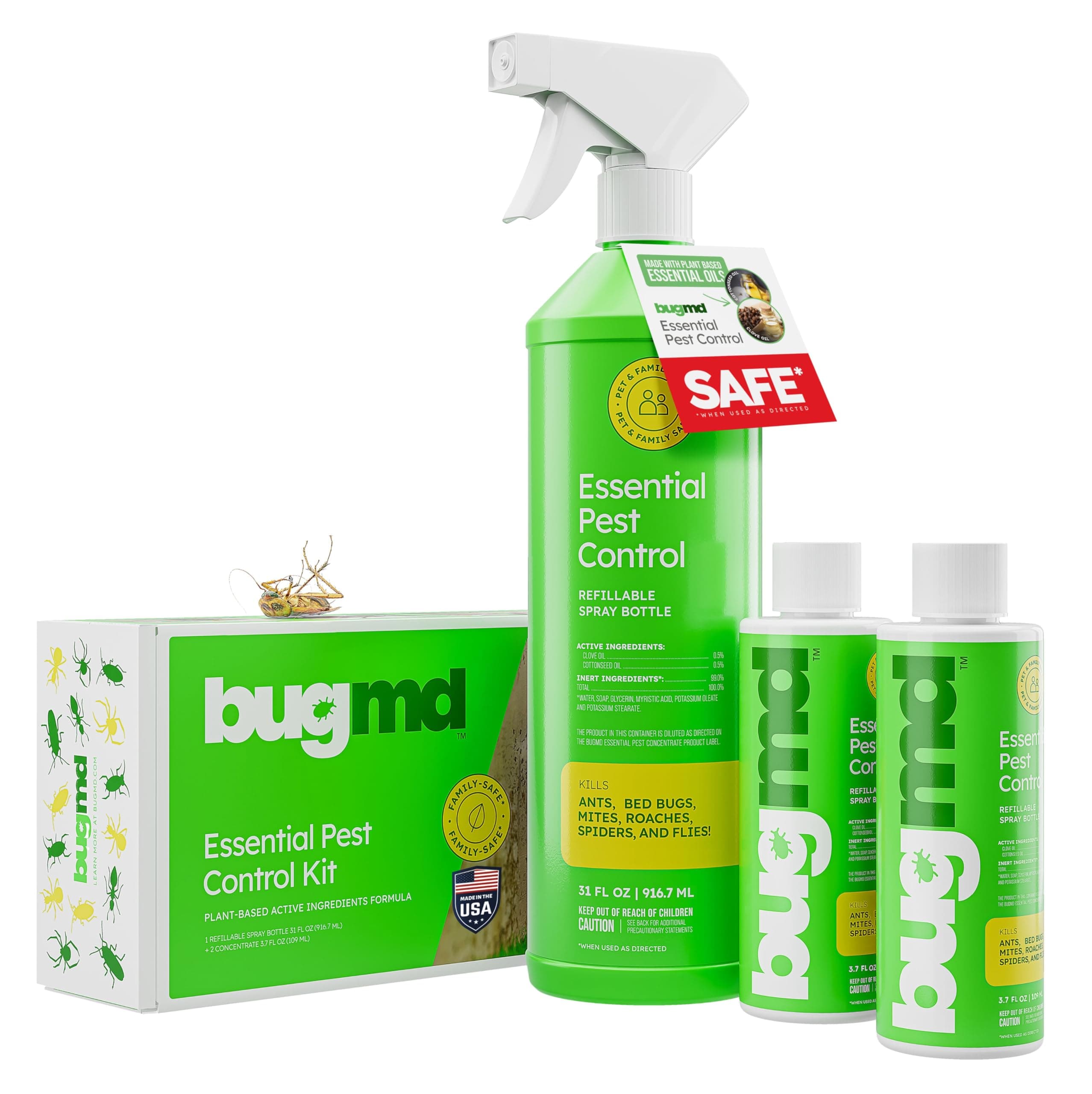 BugMD Ant Killer & Bug Spray - Roach and Cockroach Killer Indoor, Spider Spray for Home, Fly and Insect Defense, Natural, Safe with Essential Oils, Plant-Powered, Pest Control - Starter Kit