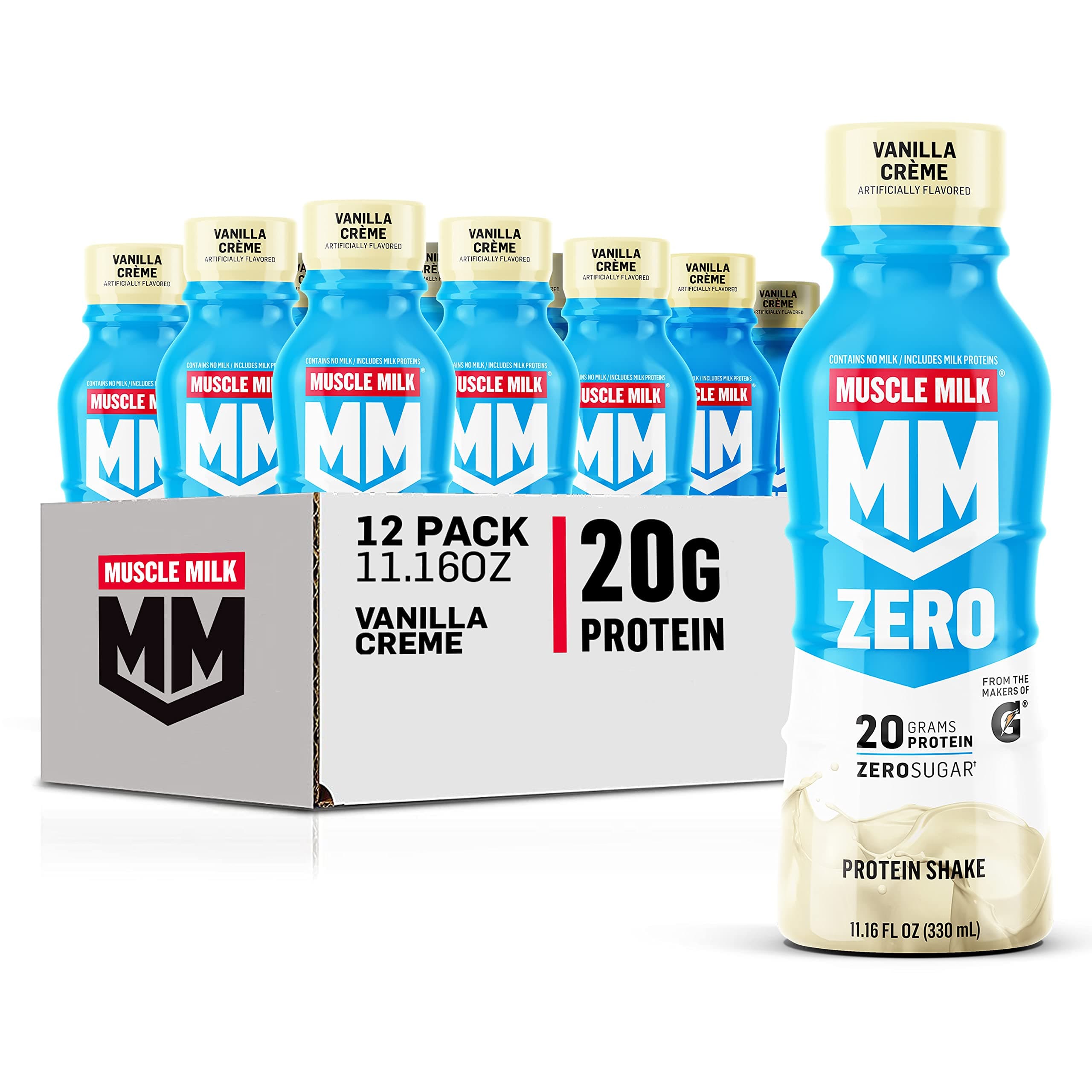 Muscle Milk Zero Protein Shake, Vanilla Crème, 20g Protein, Zero Sugar, 100 Calories, Calcium, Vitamins A, C & D, 4g Fiber, Energizing Snack, Workout Recovery, Packaging May Vary 11.16 Fl Oz (Pack of 12)