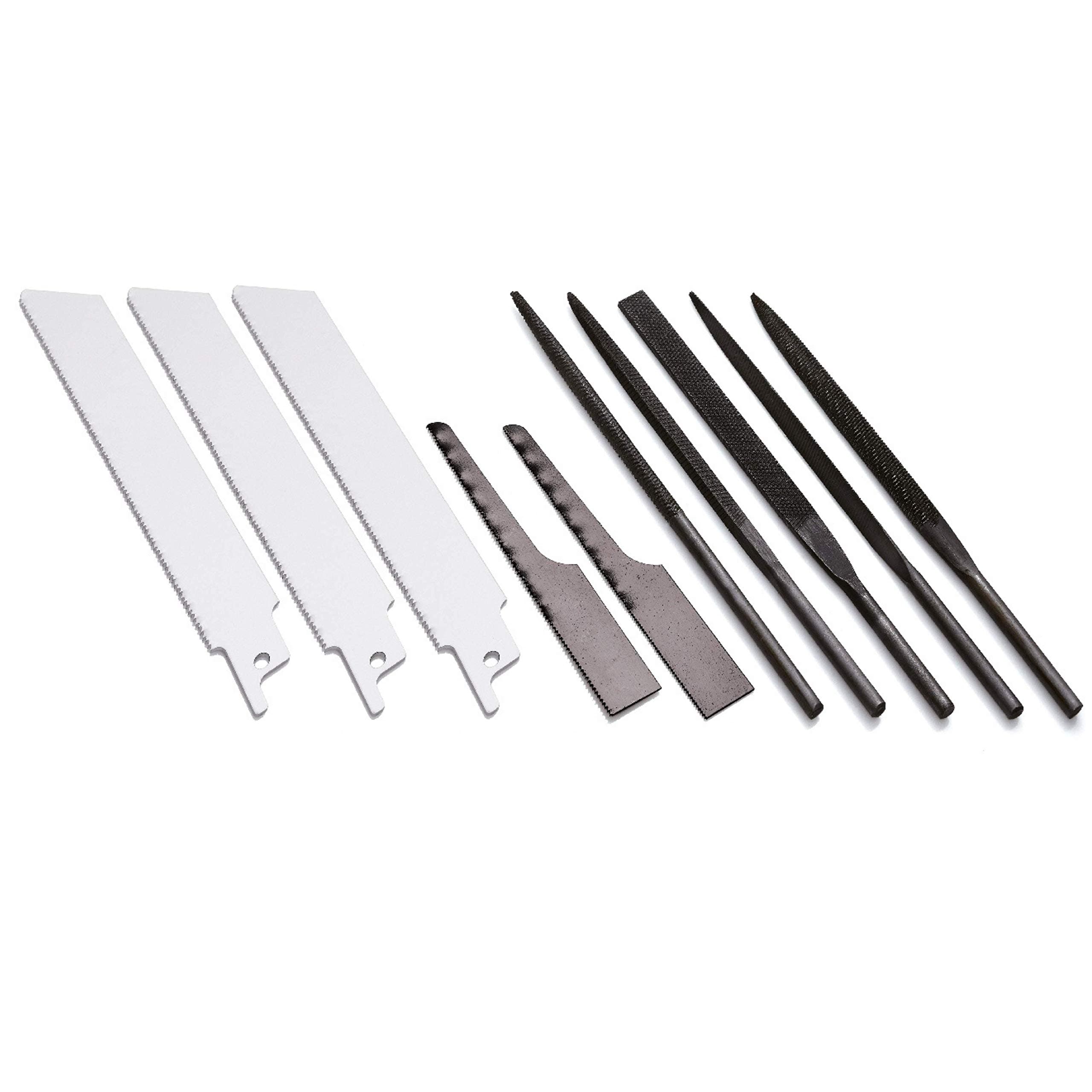 10 PCS Air Saw and Air File Blade Bundle Kit: 3x18 TPI / 1x24 TPI / 1x32 TPI Bi-Metal Saw Blades, and Rectangular, Round, Half Round, Triangular, Square Metal File Needle Blade One Each