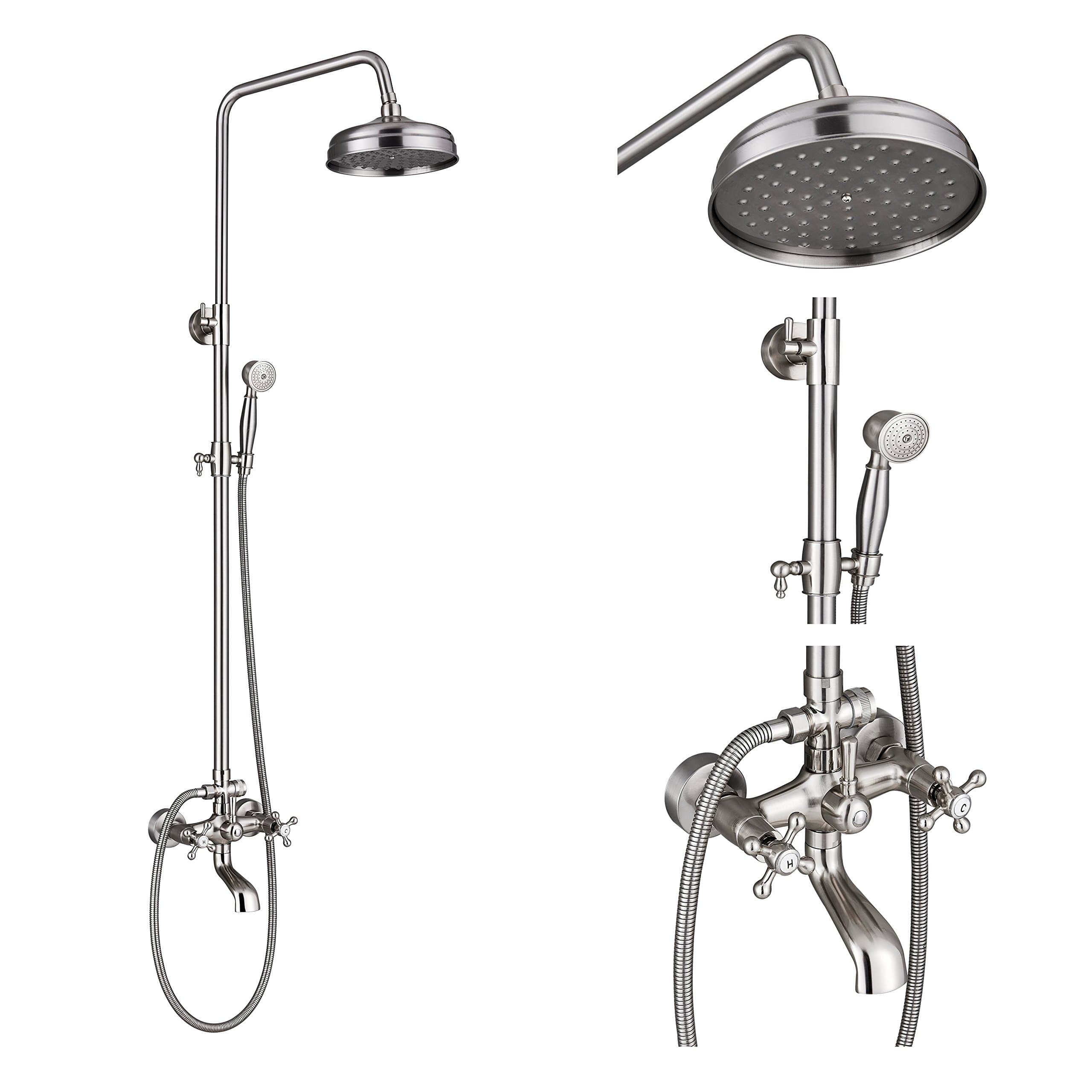 Rozin Wall Mounted 2 Knobs Mixer Bathtub Shower Faucet Combo 8-inch Top Rainfall Showerhead + Hand Spray Brushed Nickel