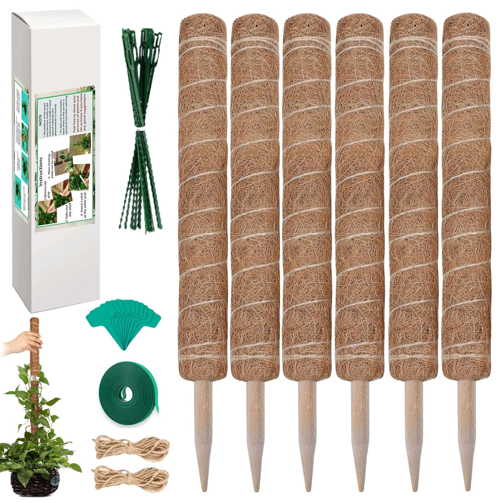 Moss Pole 123 Inch 6 Pack for Monstera - 20.5" Coco Coir Totem Support Stakes for Indoor Climbing Plants, Creepers to Grow Upwards - Plant Support With Garden Ties Kit