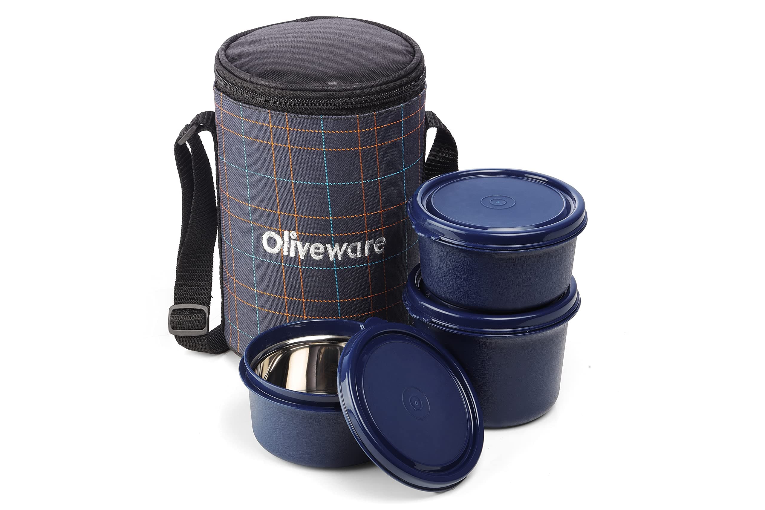Amber Lunch Box, Microwave Safe & Leak Proof, 3 Inside Steel Containers with BPA Free Lids (2 * 450ml & 600ml), Fabric Bag - Blue