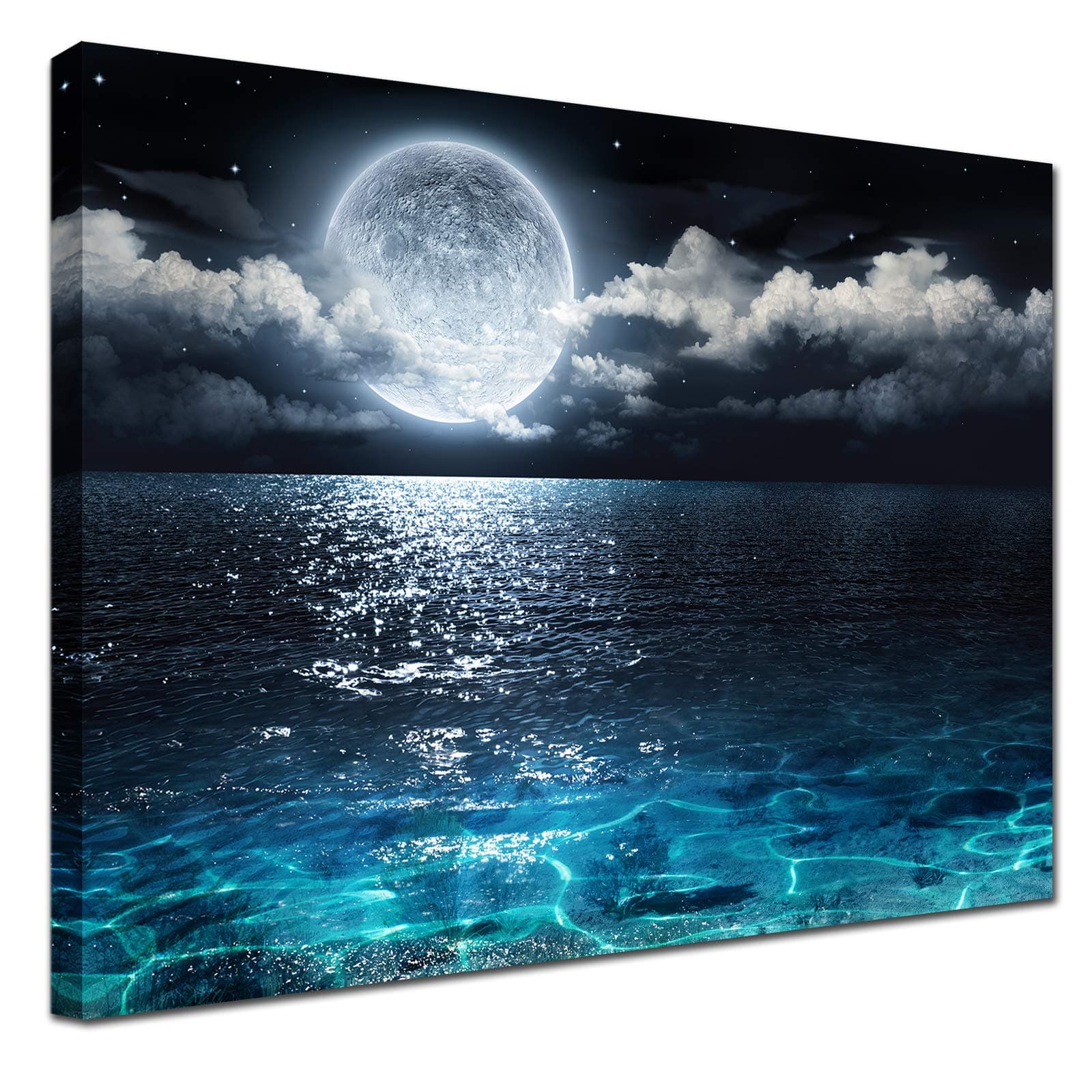Lingula Blue Moon Wall Decor Painting Modern Ocean Landscape Picture Canvas art decoration Print Poster Artwork for Living Room Bathroom Home Decorative Ready to Hang for Christmas Festival
