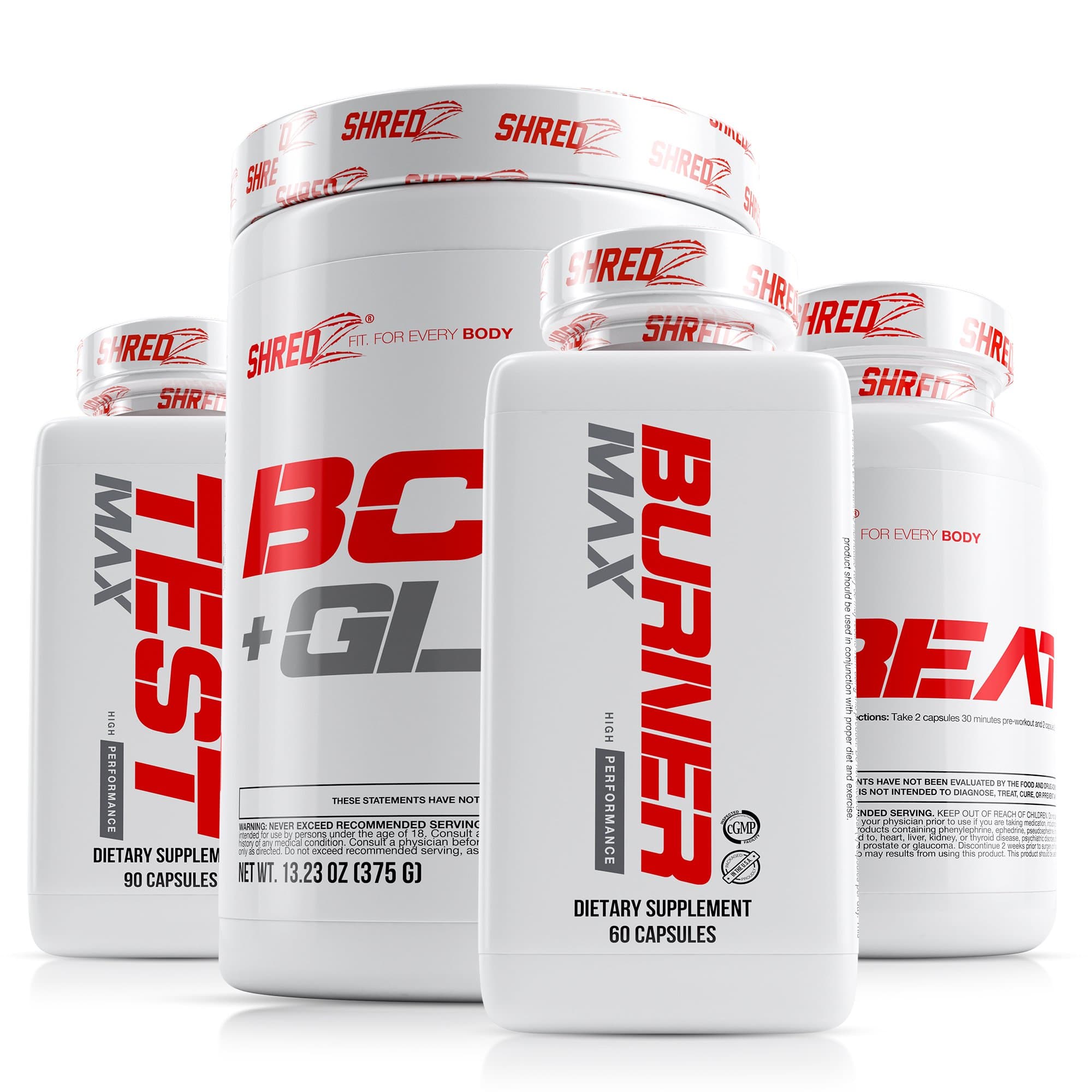 SHREDZ 30 Day Weight Loss Results Supplements Stack for Men, Clinically Tested Ingredients, Burner MAX, Creatine, Testosterone, BCAA + Glutamine (Fruit Punch)