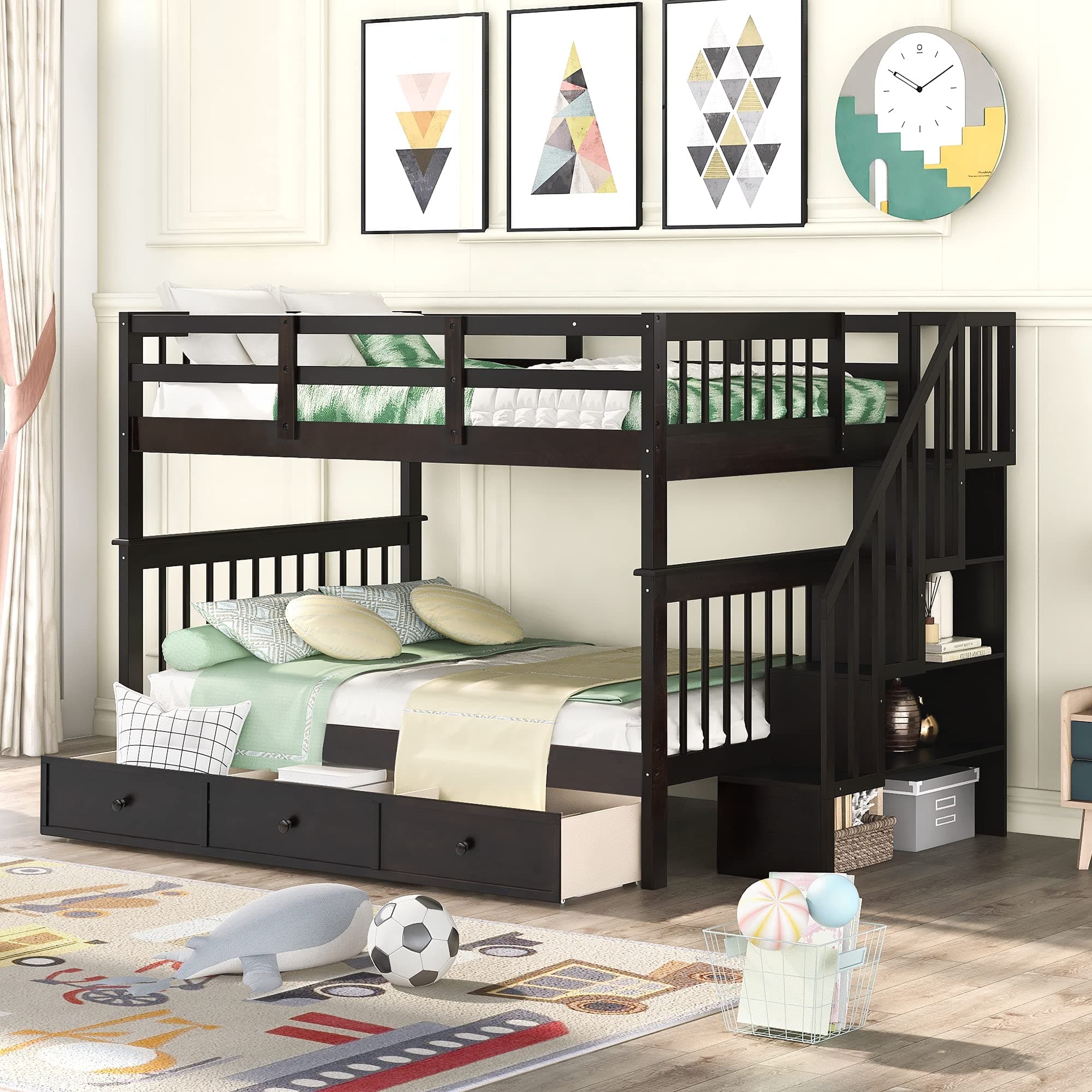 Modern Bunk Bed Full-Over-Full Size with Storage Staircase and Drawer, Solid Wood Full Bunk Bed Frame with Safety Guardrail for Kids Teens Adults, Can be Split into 2 Separate Beds (Espresso-5)