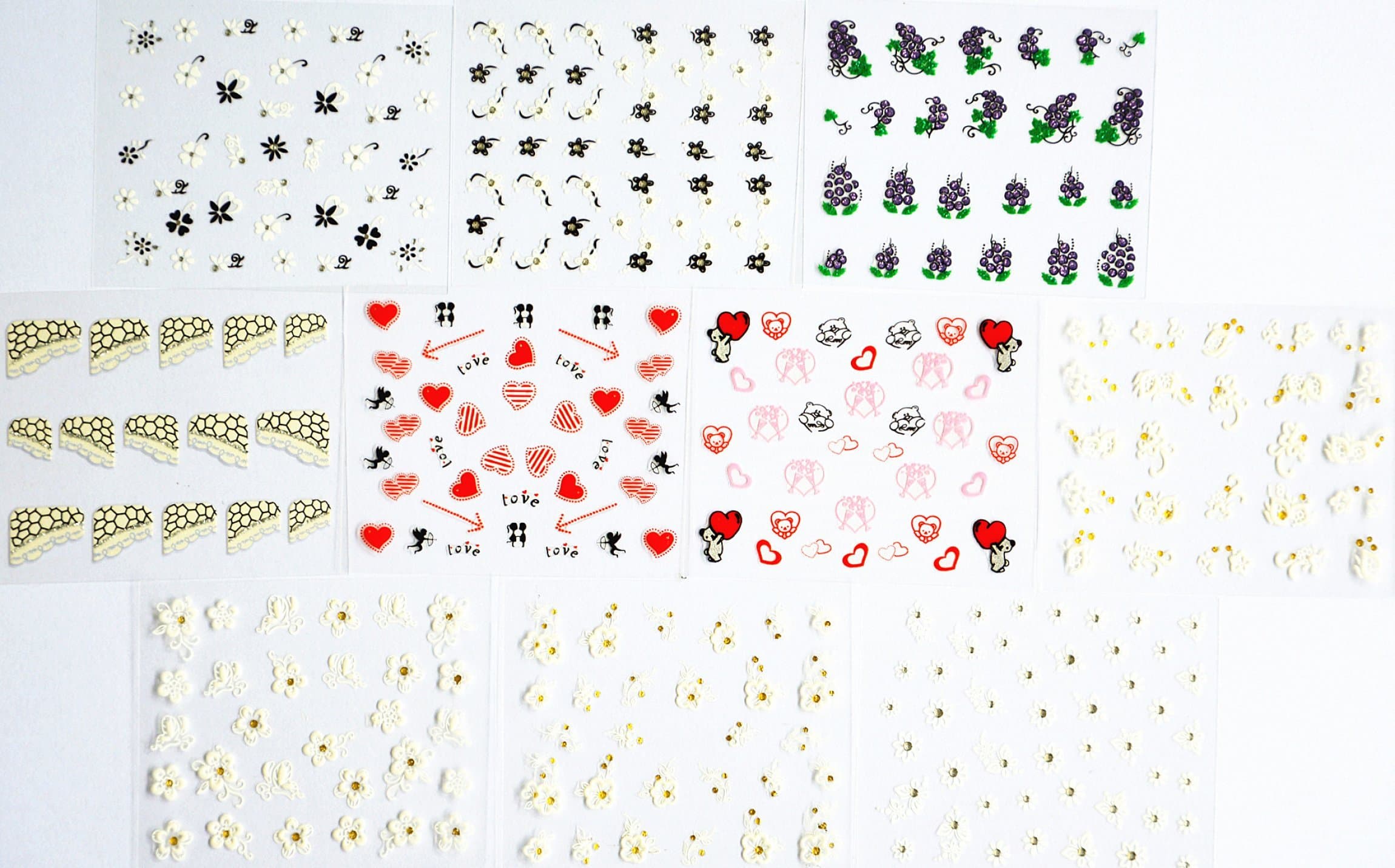 10pcs/package nail stickers decals multi mix designs including glitter grapes/black and white flowers/white flowers with gold/valentine's nail sticker with heart/cupid/lover/french semi-paste nail decals/etc.