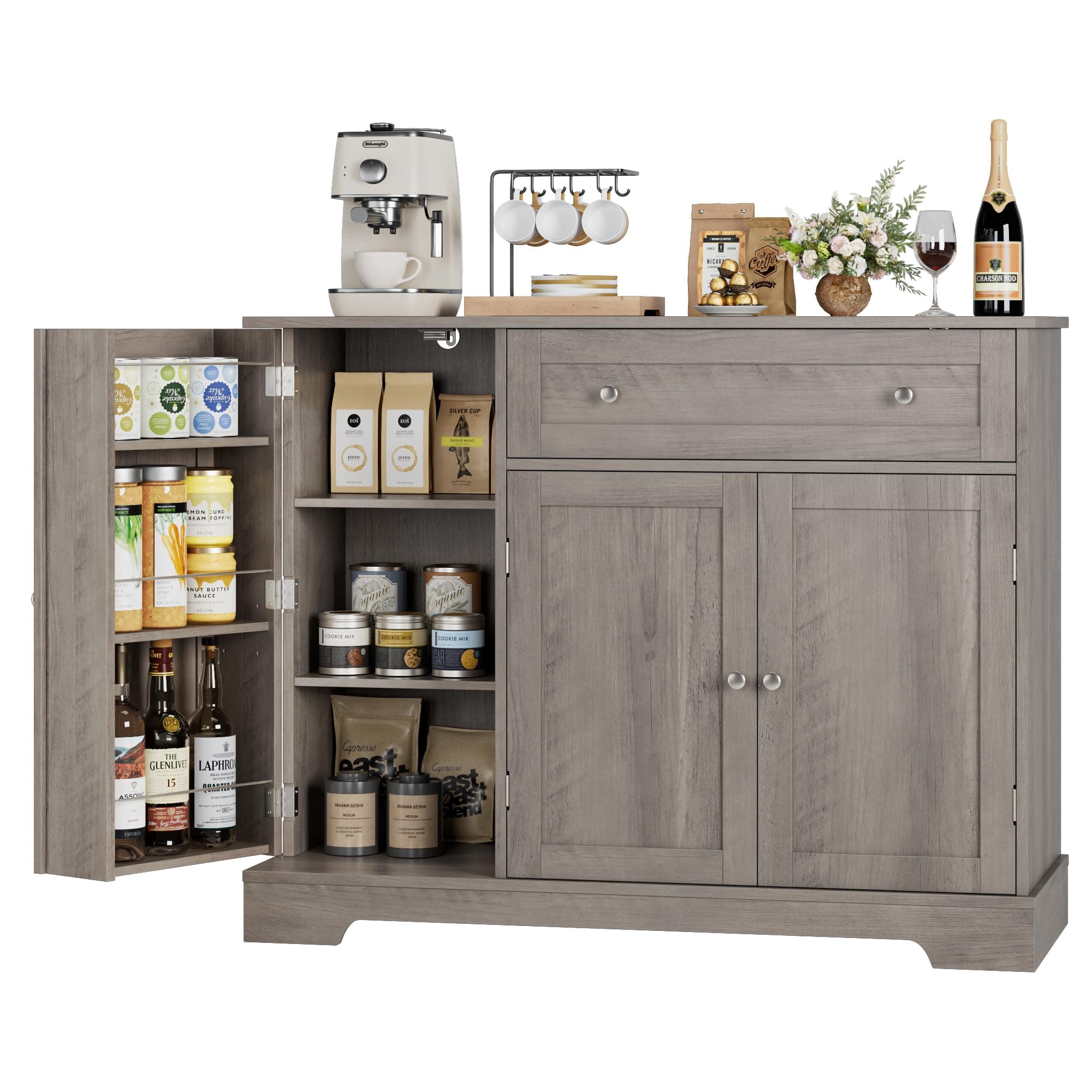 HOSTACK Buffet Cabinet with Storage, Modern Sideboard Buffet with Doors, Wood Coffee Bar Kitchen Storage Cabinet with Drawer and Adjustable Shelf for Kitchen, Dining Room, Living Room, Ash Grey