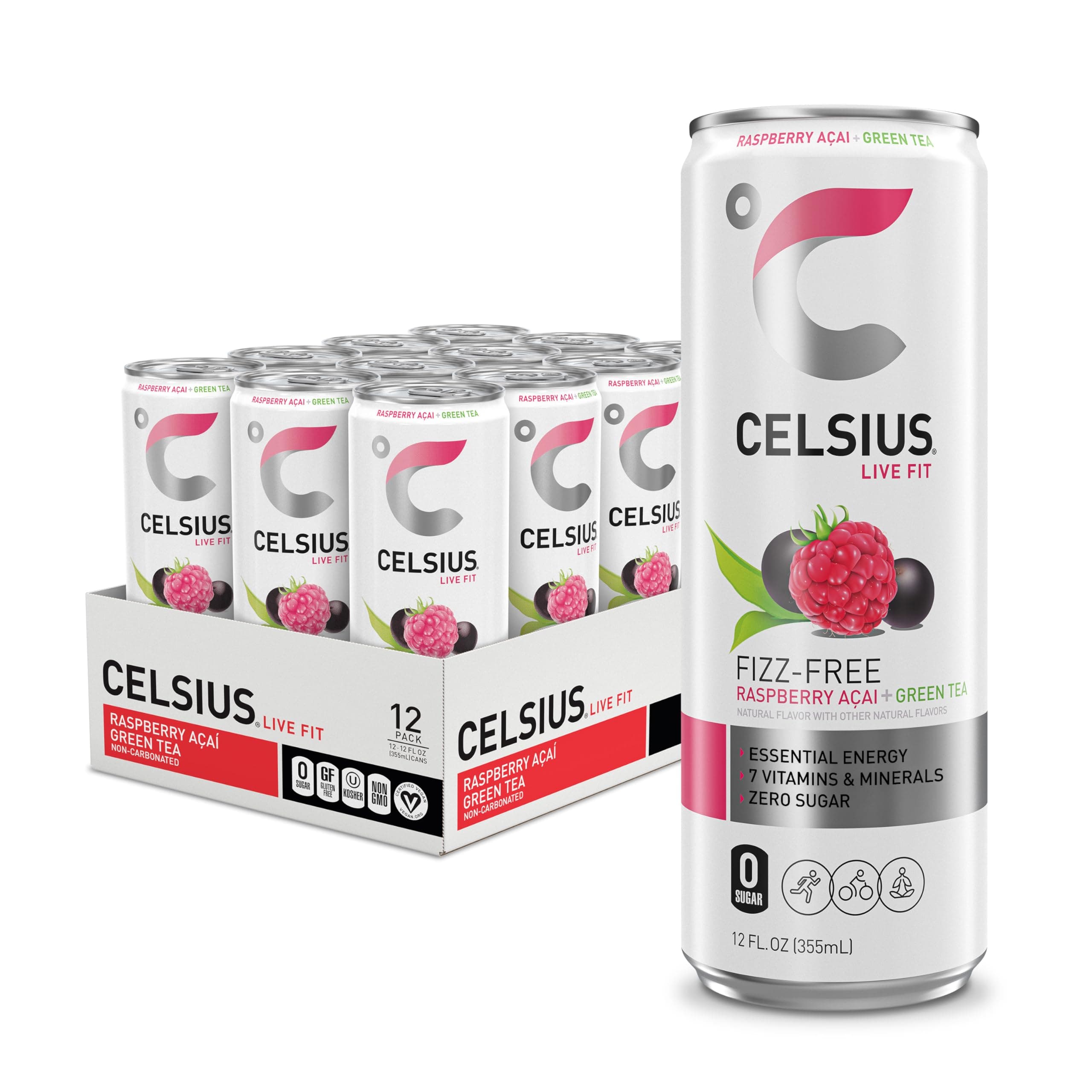 CELSIUS Fizz Free Raspberry Acai Green Tea, Sugar Free Energy Drink, 12 Fl Oz (Pack of 12)