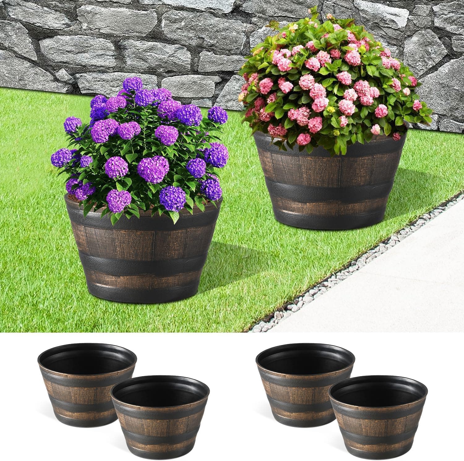 YI 4 Pack Whiskey Barrel Garden Planters 15” Rustic Oak Resin Planter for Indoor & Outdoor Plant Flower Pot