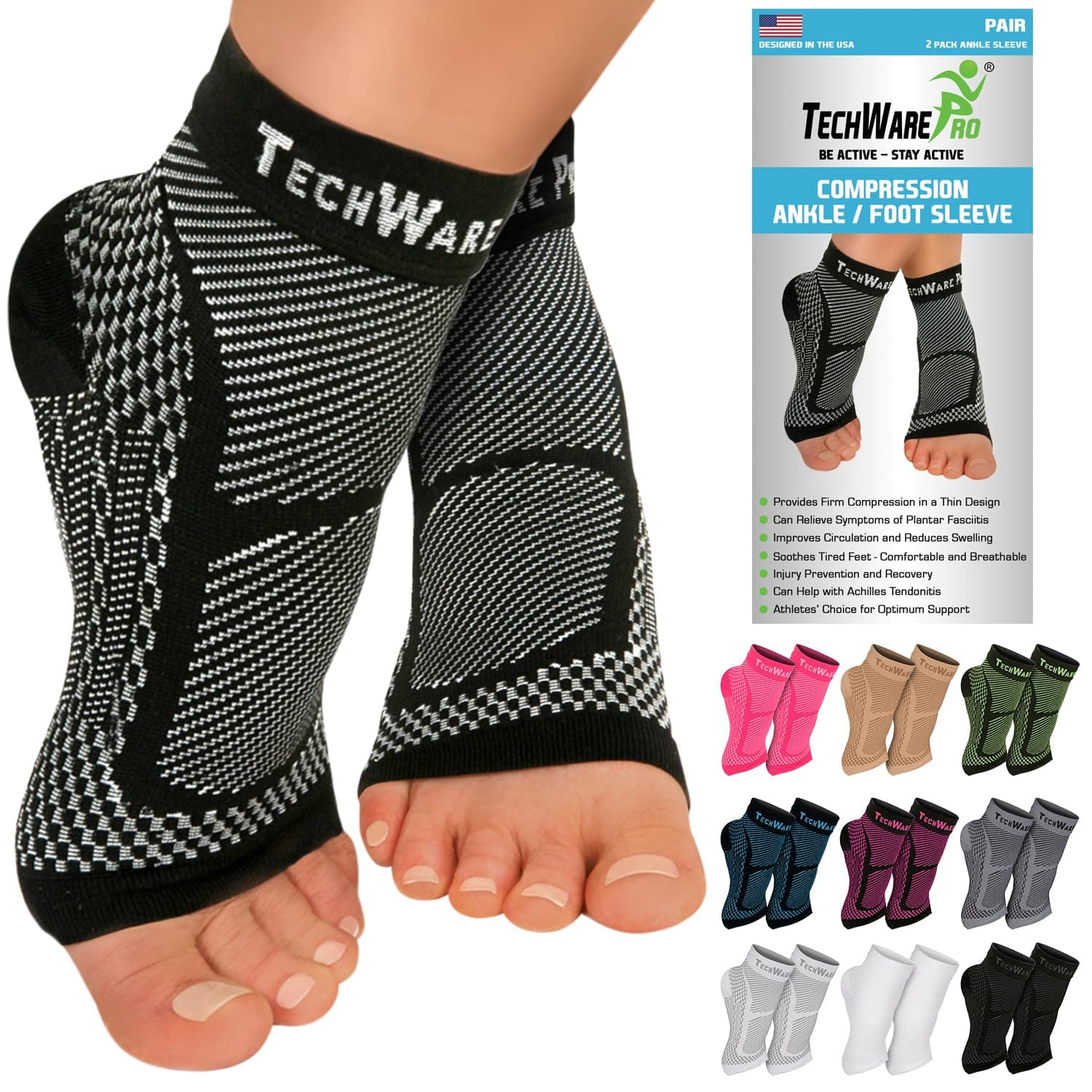 TechWare Pro Ankle Brace Compression Sleeve - Plantar Fasciitis Sock. Relieves Achilles Tendonitis. Foot Arch Support Reduces Joint Pain, Swelling & Heel Spur Pain. Injury Recovery Braces for Sports