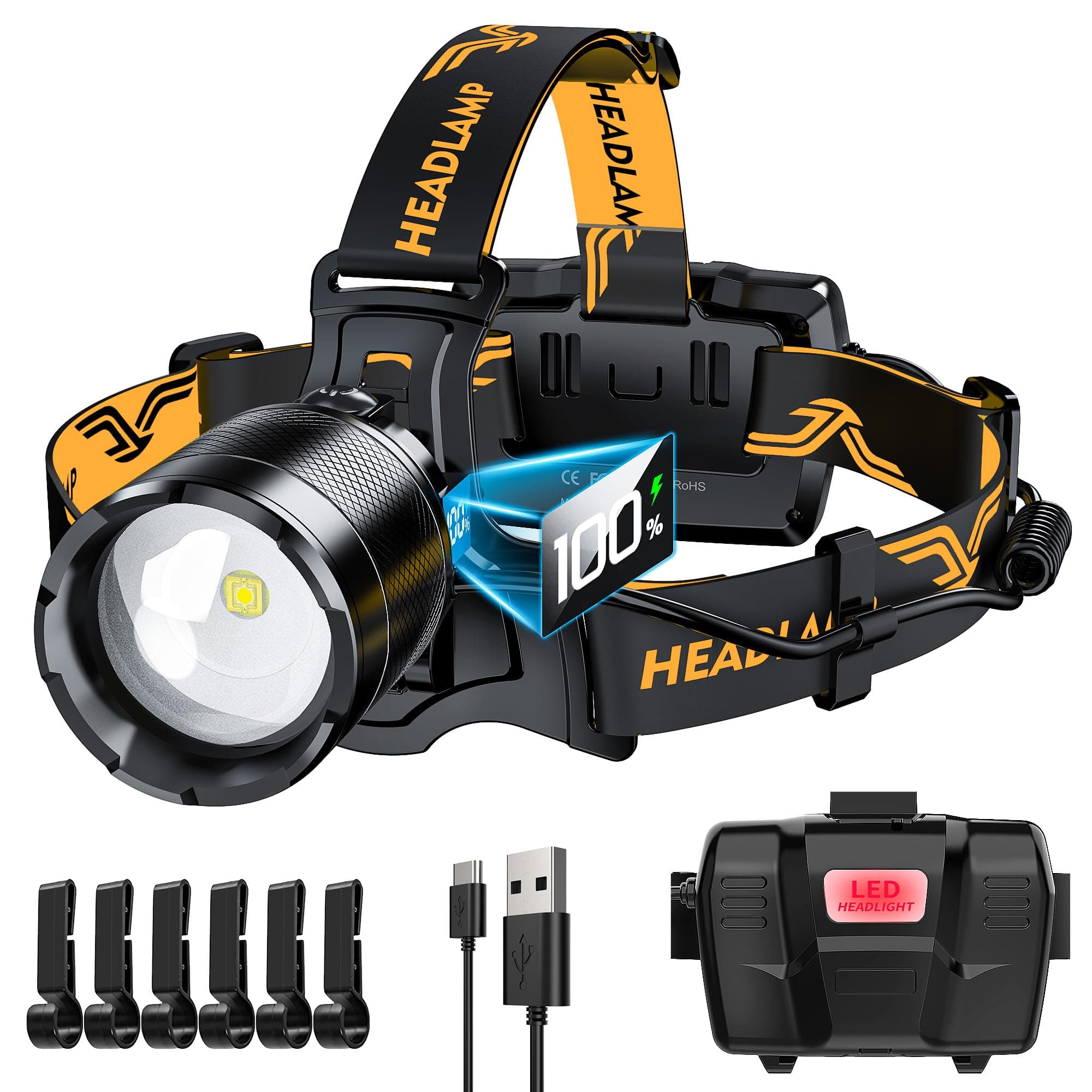 Bright Headlamp Adjustable Focus Motion Sensor Warning Light, 8 Modes 80 Hours Standby Time Head Lamp, IP65 Waterproof 125°Angle Head Lights for Hiking Camping Emergency Outdoor