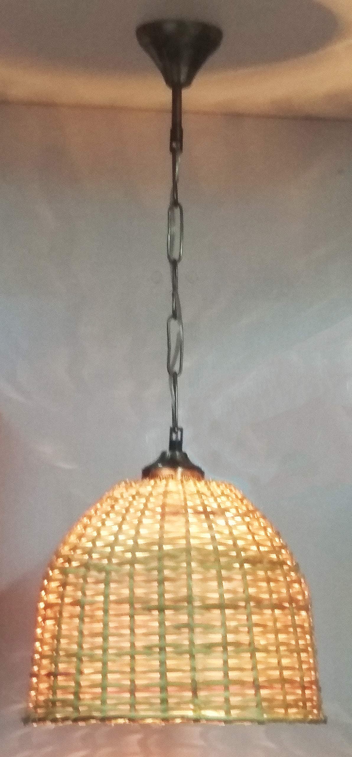 RDC 10" Round Cane Hanging Half-Spherical Ceiling Hanging Pendant Lamp Shade with Wired Metal Chain