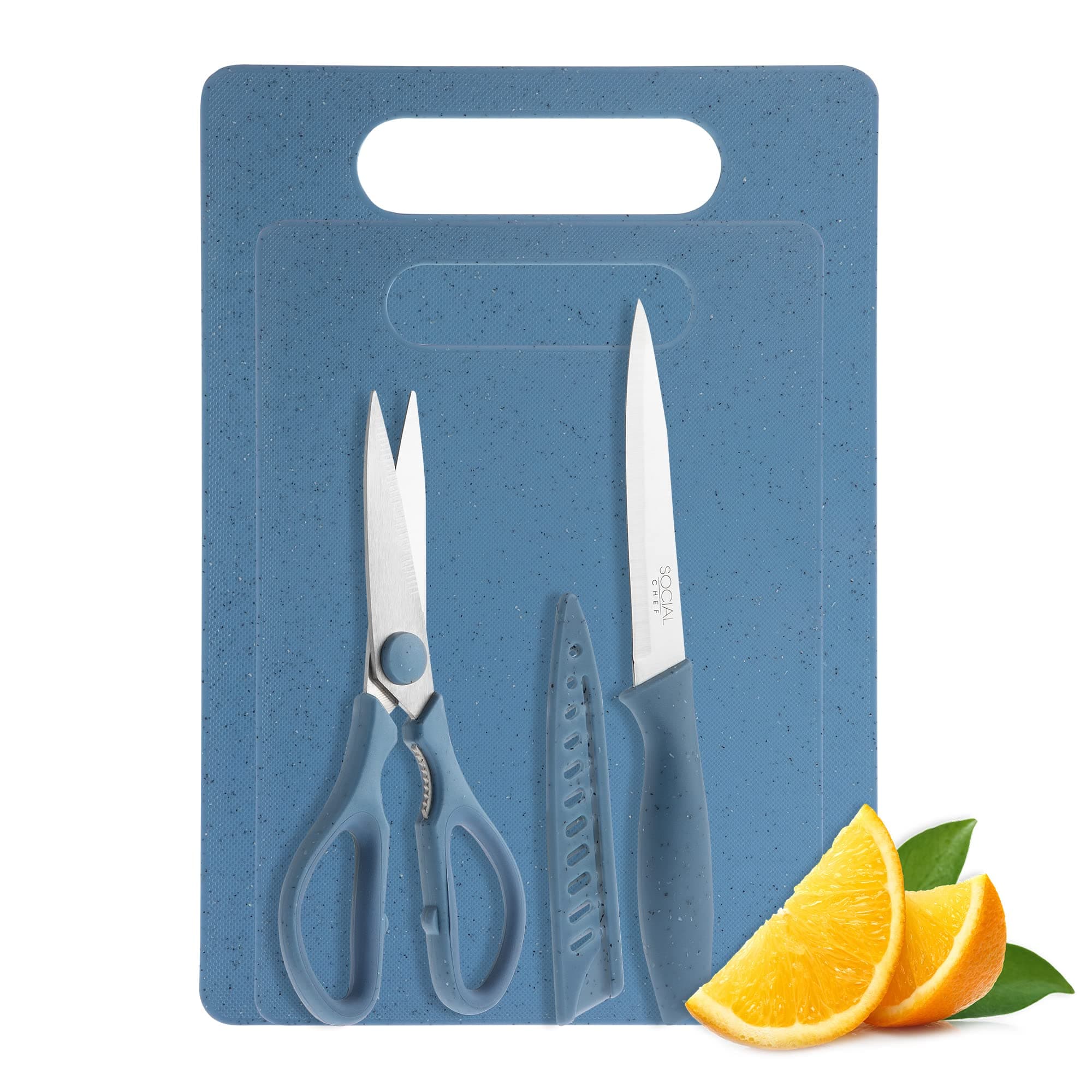 Cutting Board Set with Knives- 5 Piece Kitchen Essentials and Accessories Set with 2 Cutting Boards, Kitchen Shears, a Knife and Blade Cover (Denim Blue Speckled)
