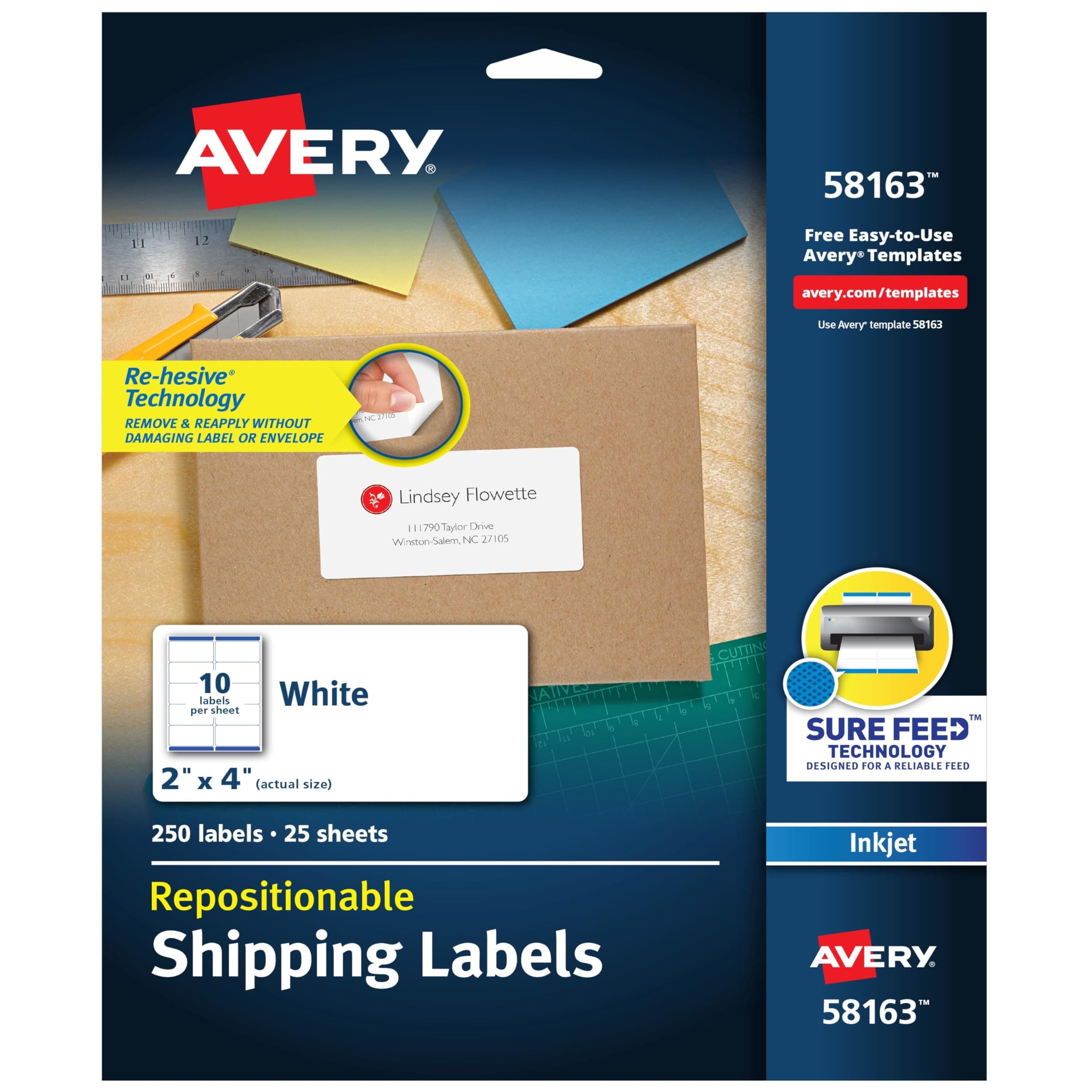 Repositionable Printable Shipping Labels with Sure Feed, 2" x 4", White, 250 Blank Mailing Labels (58163)