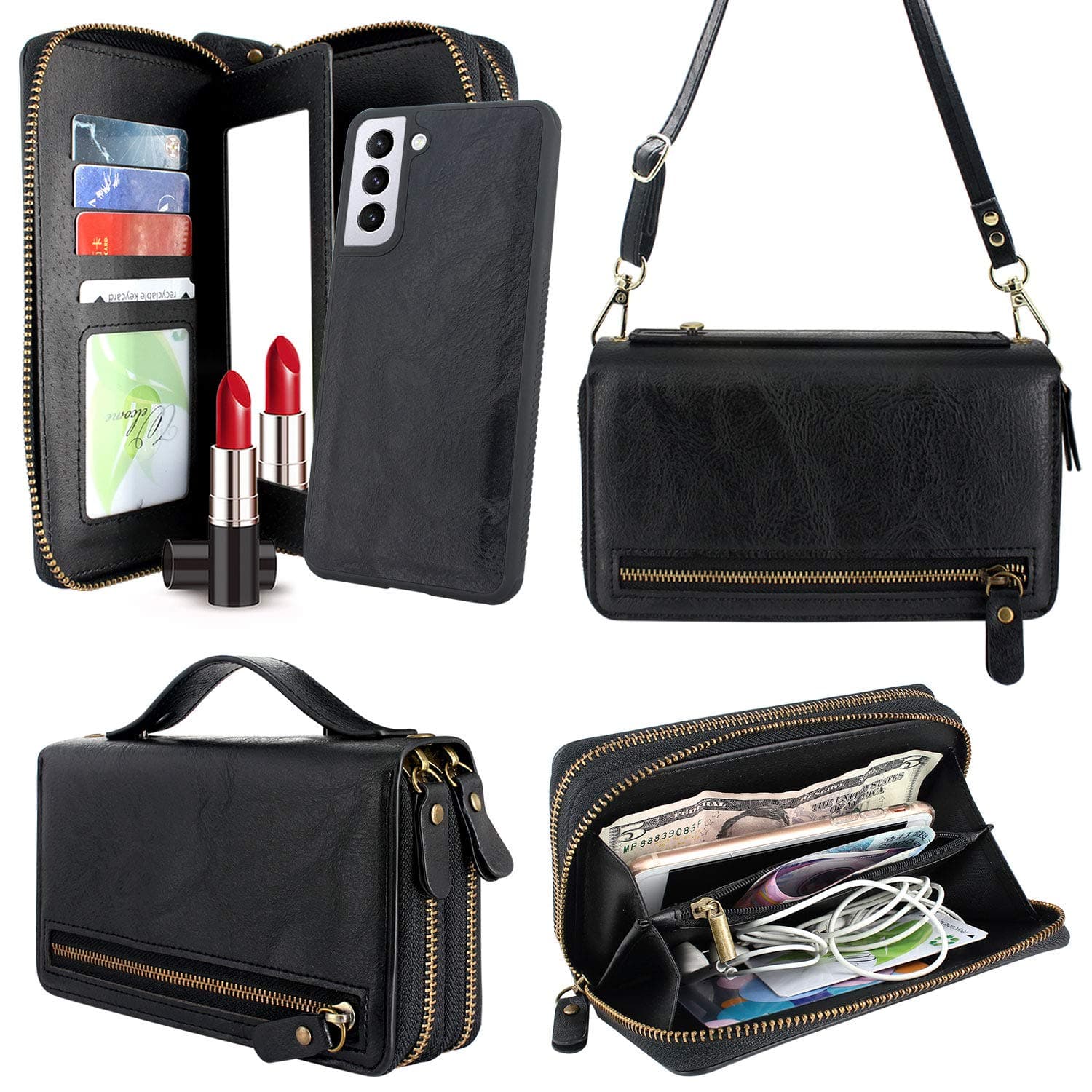 Harryshell Compatible with Samsung Galaxy S21+ S21 Plus 5G 6.7 Inch (2021) Case Wallet Multi Zipper Detachable Magnetic Cover Clutch Purse Card Slots Mirror Crossbody Chain Wrist Strap (Black)