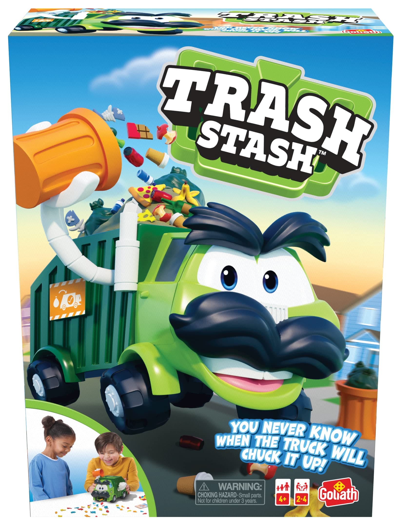Goliath Trash Stash Game - Fill Trashcan, Watch It Dump Into Garbage Truck Or Truck Chucks It Up - No Reading Required, Ages 4 and Up, 2-4 Players, Green
