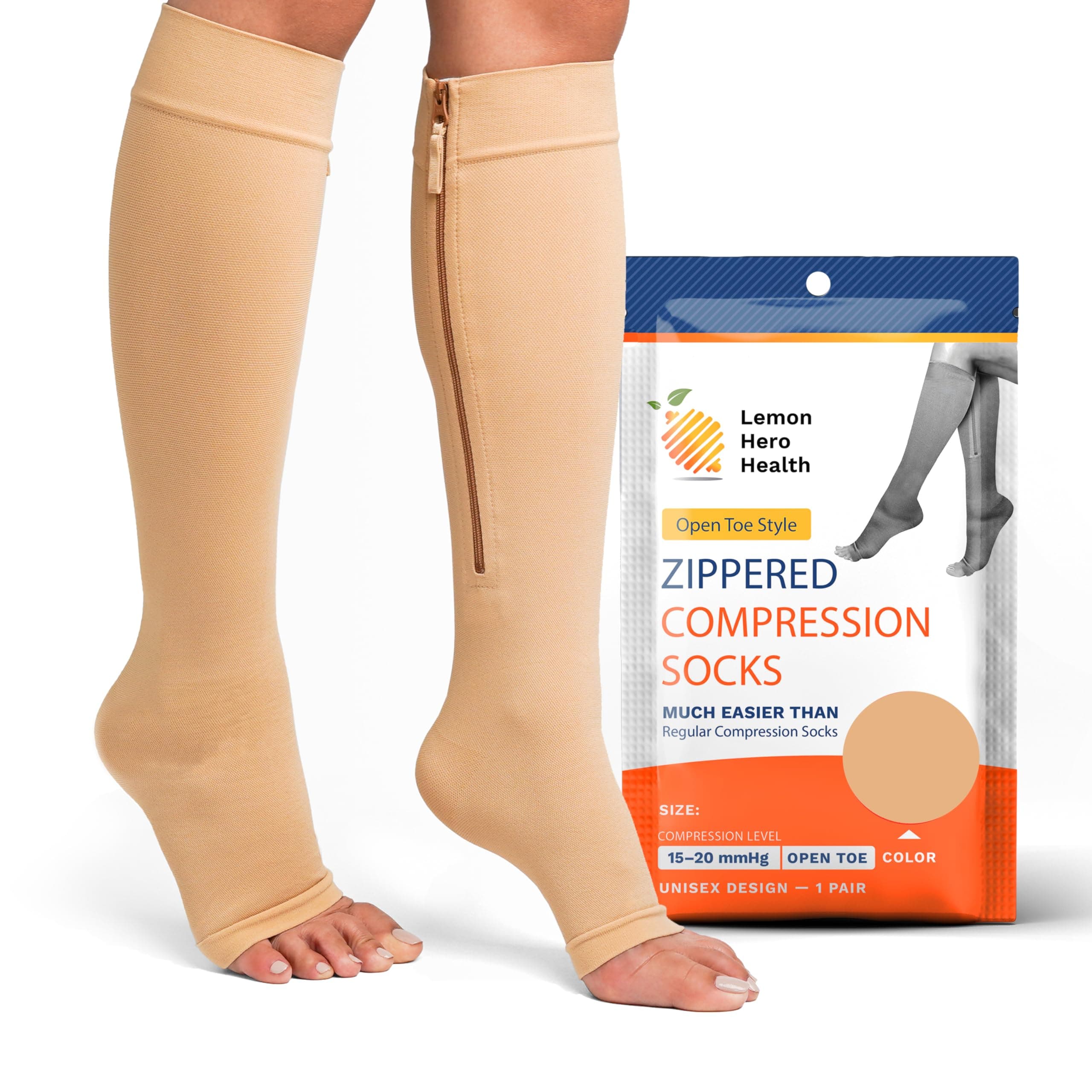 Lemon Hero Zipper Compression Socks 15-20 mmHg Open Toe, Medical Zip Up Compression Stockings for Women and Men - Improves Blood Circulation, Relieves Pain & Swelling
