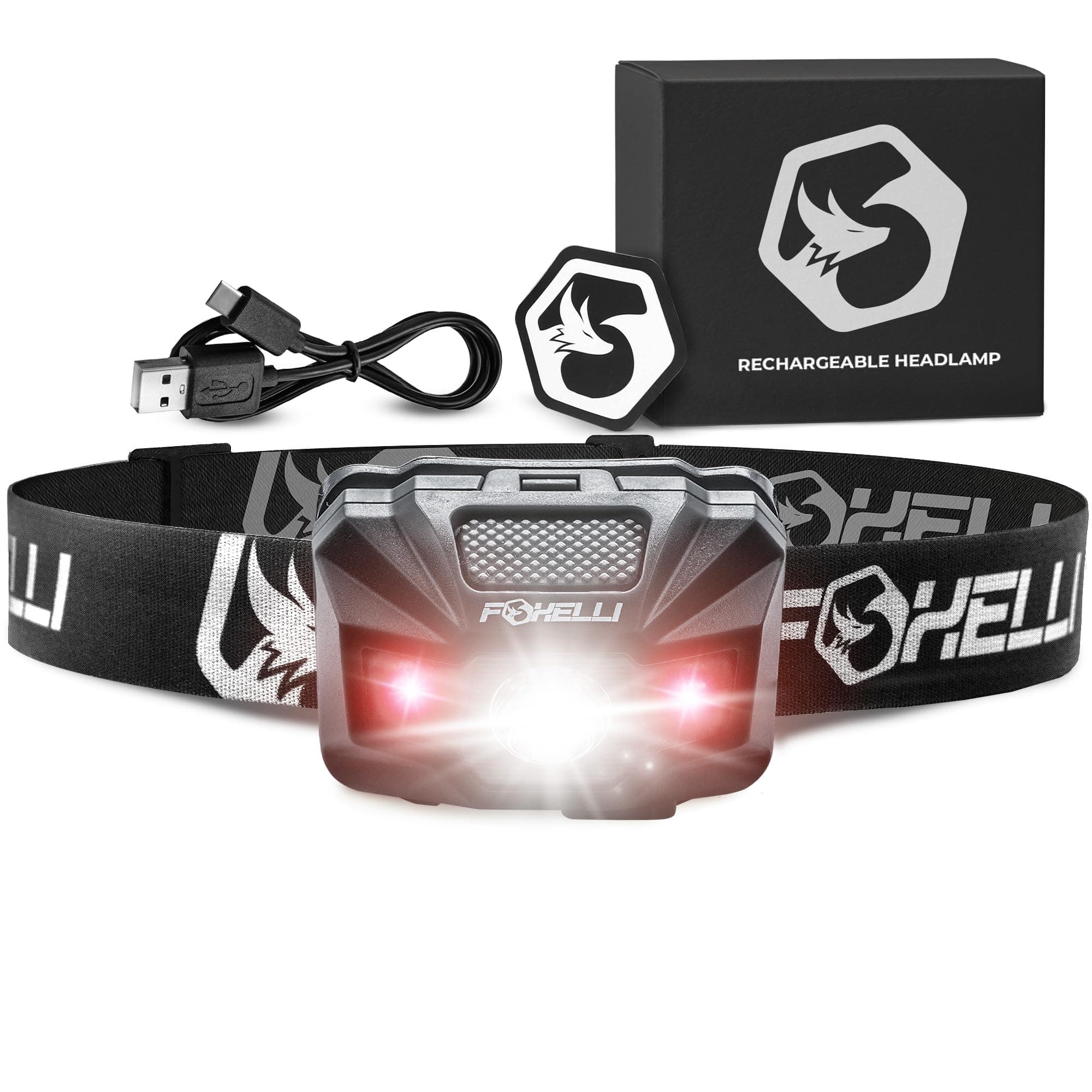 Foxelli LED Head Torch Rechargeable – Ultralight USB-C Rechargeable Headtorch for Adults & Kids, Waterproof Headlamp with Red Light for Running, Camping, Fishing & Outdoors [Energy Class A+]