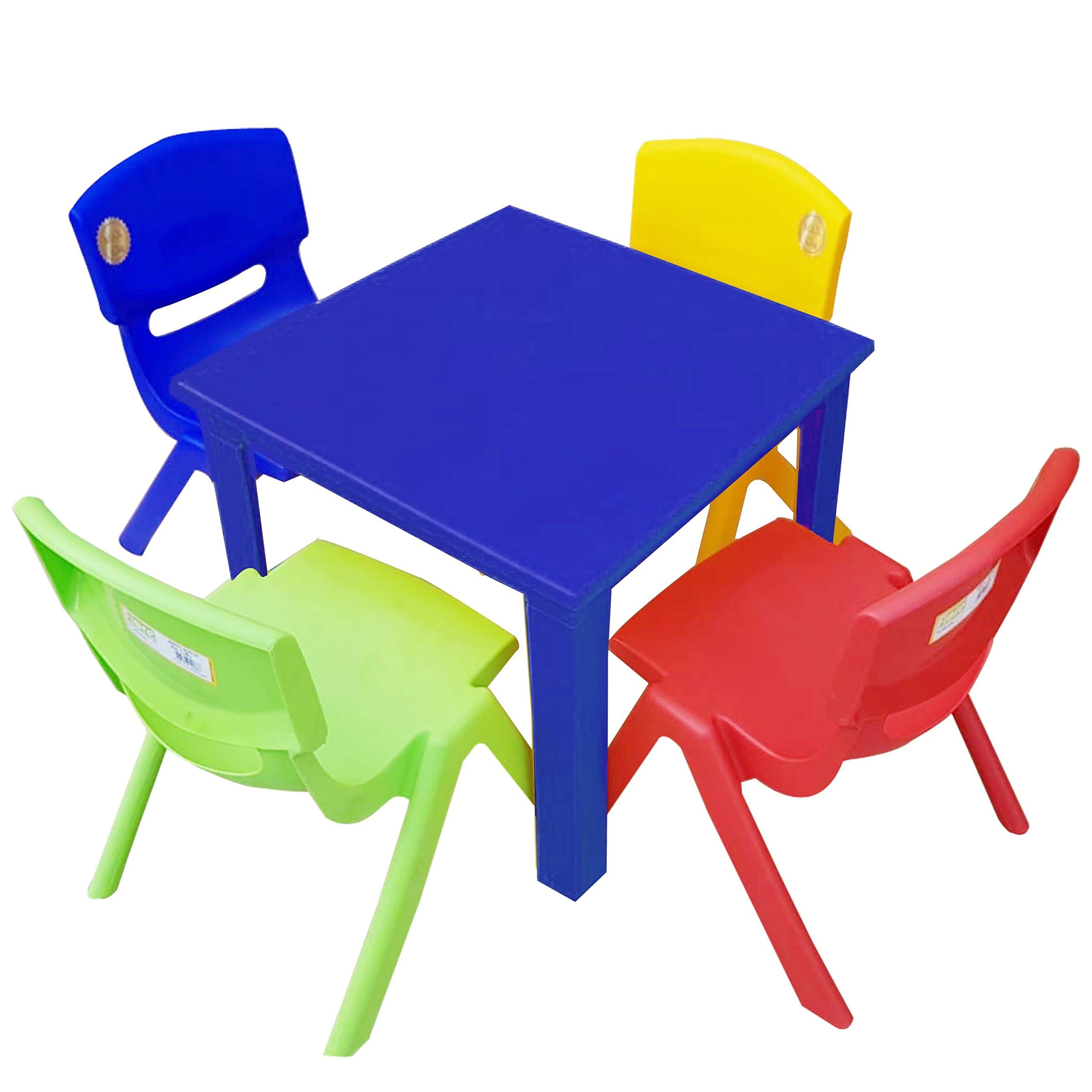 Strong Kids Children Table and Chairs Set for Study, Activity Garden Indoor (Blue Table + 4 Chairs Mix)