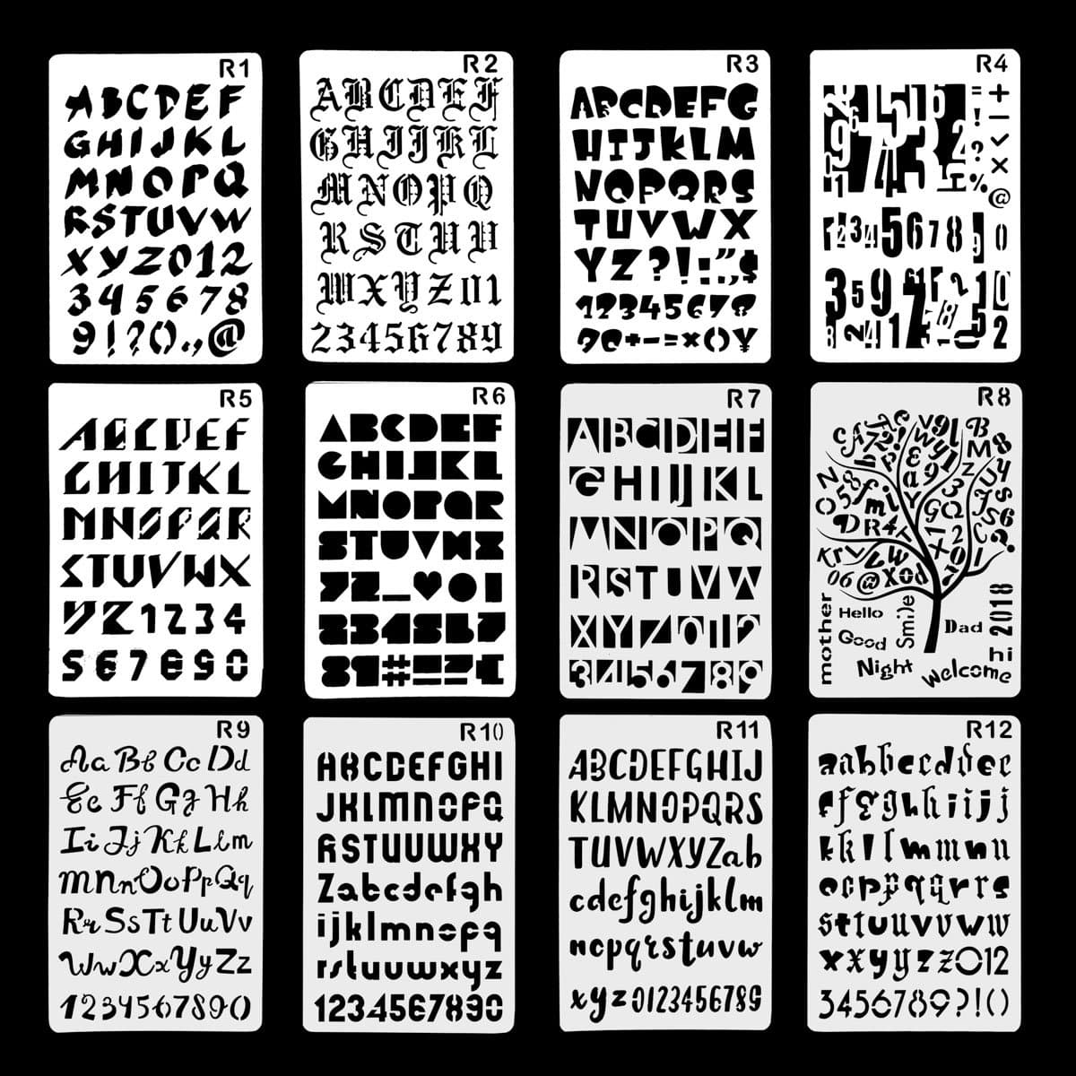12 Pack Plastic Letters Number Alphabet Stencil Template , Perfect for Planner/Notebook/Diary/Scrapbook/Graffiti/Card, Christmas Gift