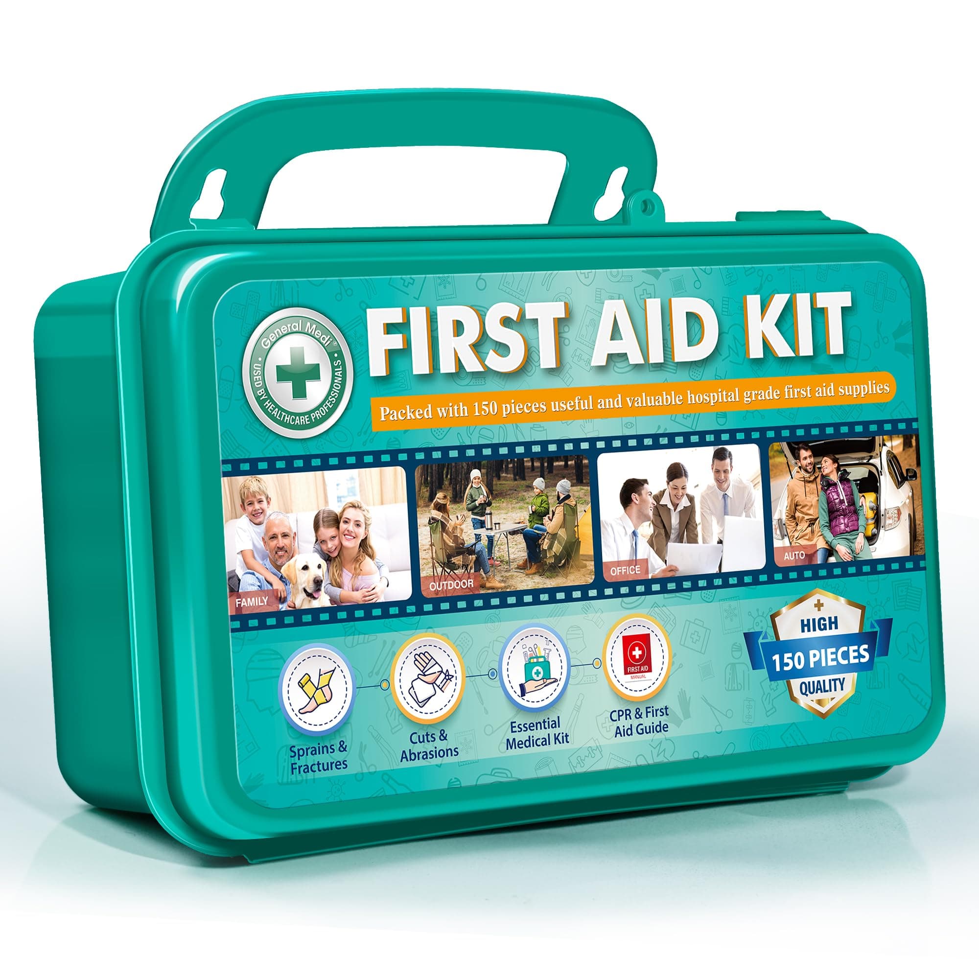 General Medi 150 Pieces Hardcase First Aid Kit - First Aid Box Contains Premium Medical Supplies for Travel, Home, Office, Vehicle, Camping, Workplace & Outdoor