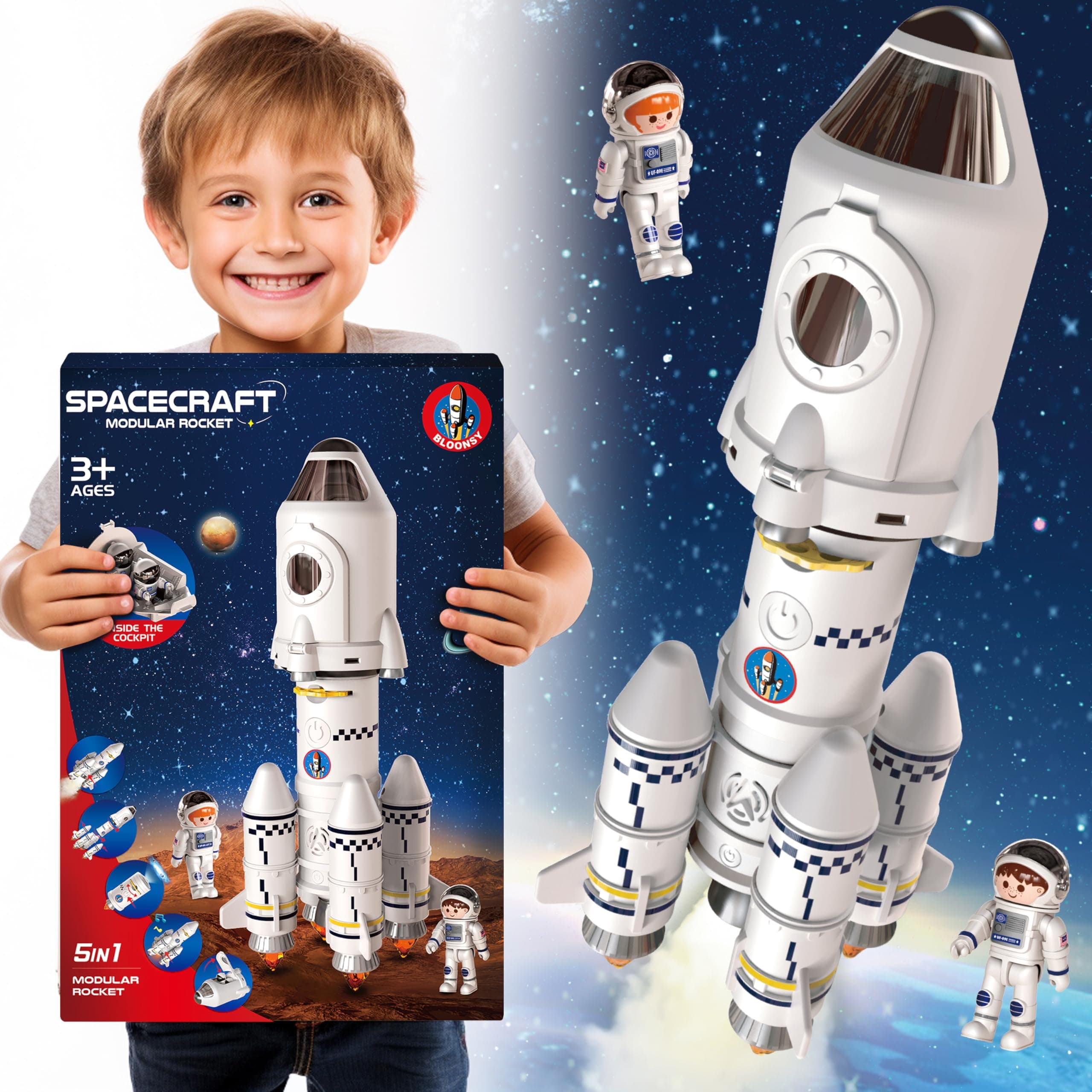 Rocket Ship Toy | Space Shuttle Model with Astronaut Figure | Space Toys for Kids 3-10, White