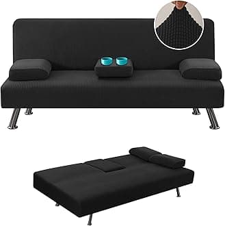 H.VERSAILTEX 4 Pieces Stretch Futon Covers Sofa Bed Slipcover with Removable Armrests and Cupholders Covers Furniture Protector High Spandex Small Checks Jacquard Fabric, Black