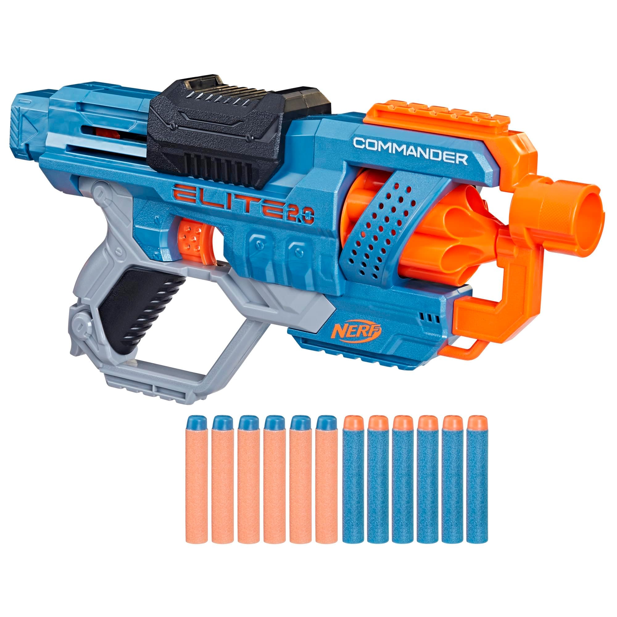 Nerf Elite 2.0 Commander RD-6 Blaster, 12 Official Darts, 6-Dart Rotating Drum, Tactical Rails, Barrel and Stock Attachment Points, multi