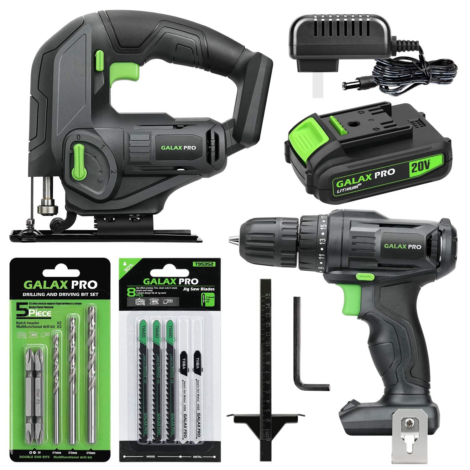 GALAX PRO Max 20V Cordless Combo Kit, 20N.m Single Speed Drill Driver, Cordless Jig Saw 0-25000SPM, Battery Pack 1.3Ah with Charger, 5PCS Drill Bits & 8PCS T-Saw Blades, Hex Key, Rule Guide