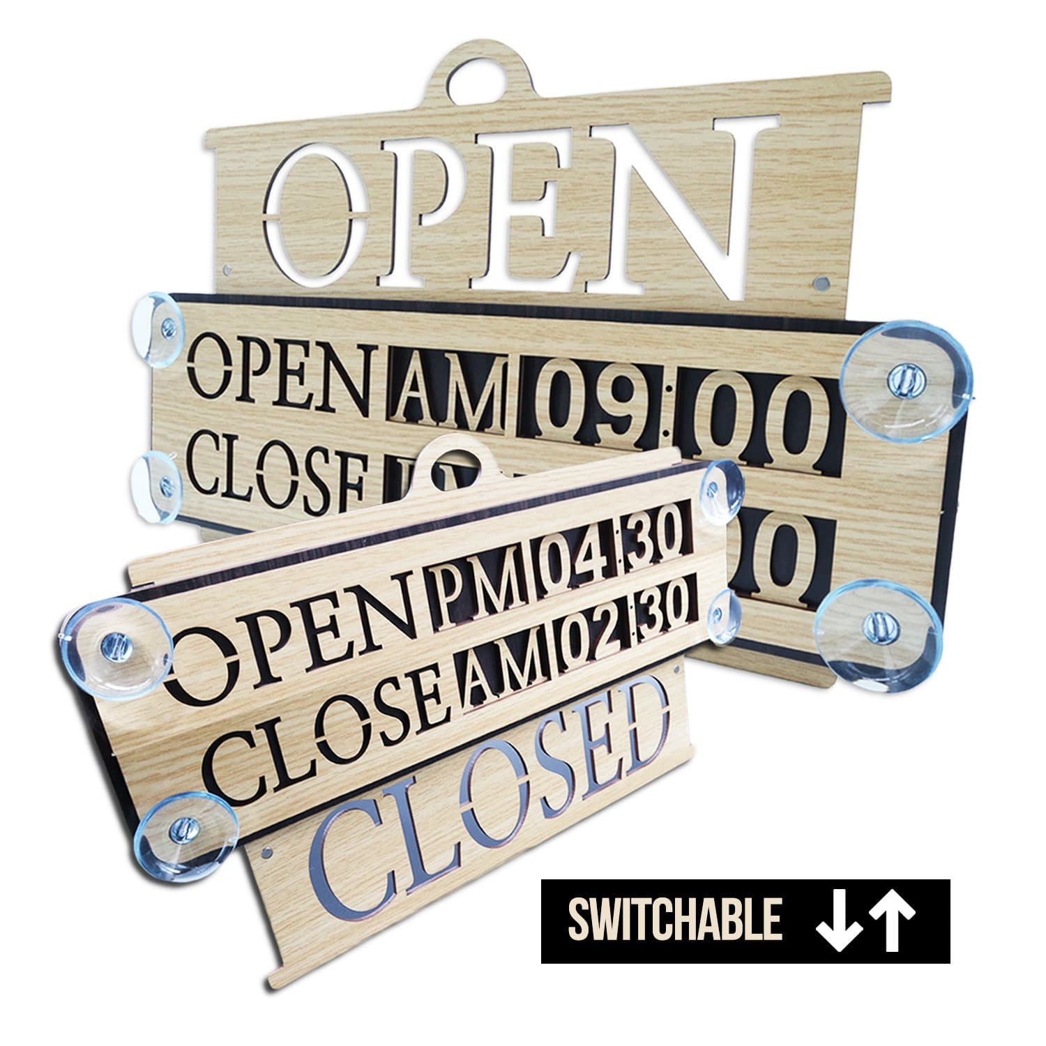 Business Hours Sign Replaceable Numbers Included Changeable Open Closed Board for Store Office Restaurant Cafe Wall Window Display with Strong Suction Cups 14" x 9" Durable Woodmade