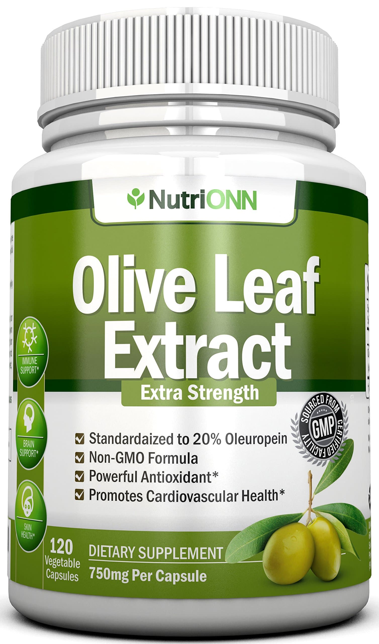 Olive Leaf Extract - 750 Mg - 120 Capsules - Extra Strength - 20% Oleuropein - Non-GMO Formula - from Pure Olive Leaves - Powerful Antioxidant - Great for Heart, Skin and Brain