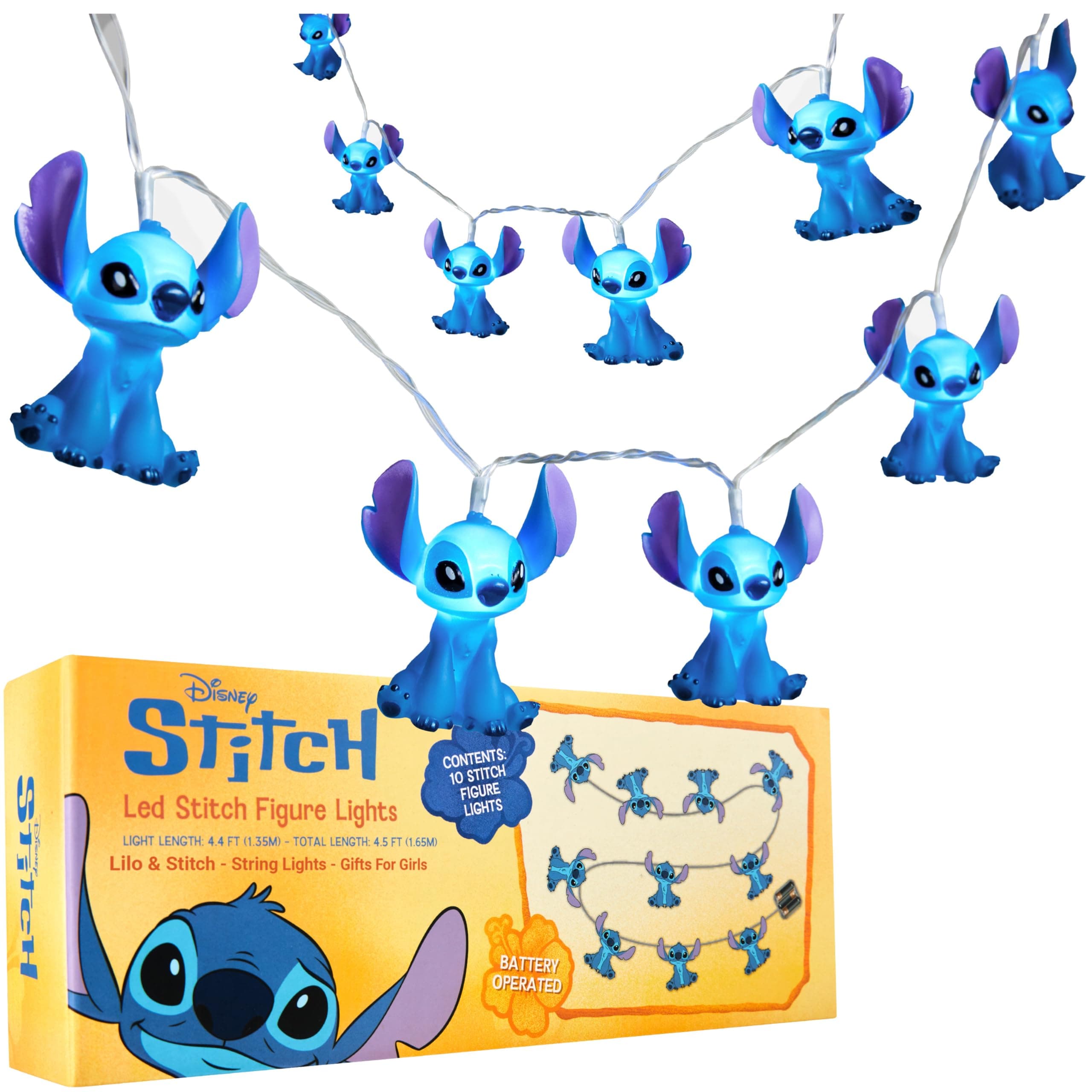 Disney Stitch 3D LED String Lights, 10 Pcs Battery-Powered Fairy Lights Kids Teenagers & Adults, Indoor Decorations & Accessories (Blue Stitch)