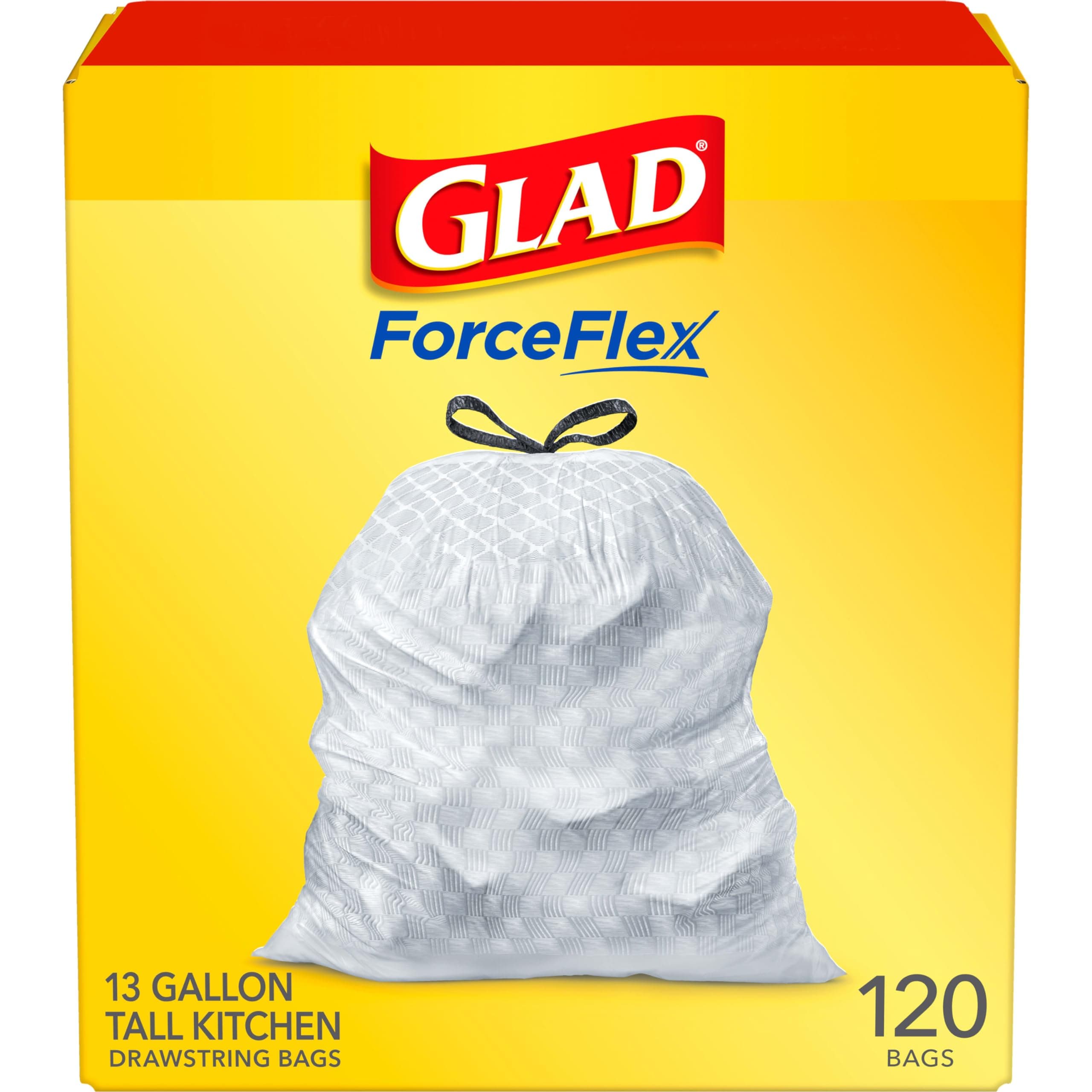 Glad Trash & Food Storage ForceFlex Tall Kitchen Drawstring Trash Bags – 13 Gallon White Trash Bag, Unscented – 120 Count (Package May Vary),BLZ-13440