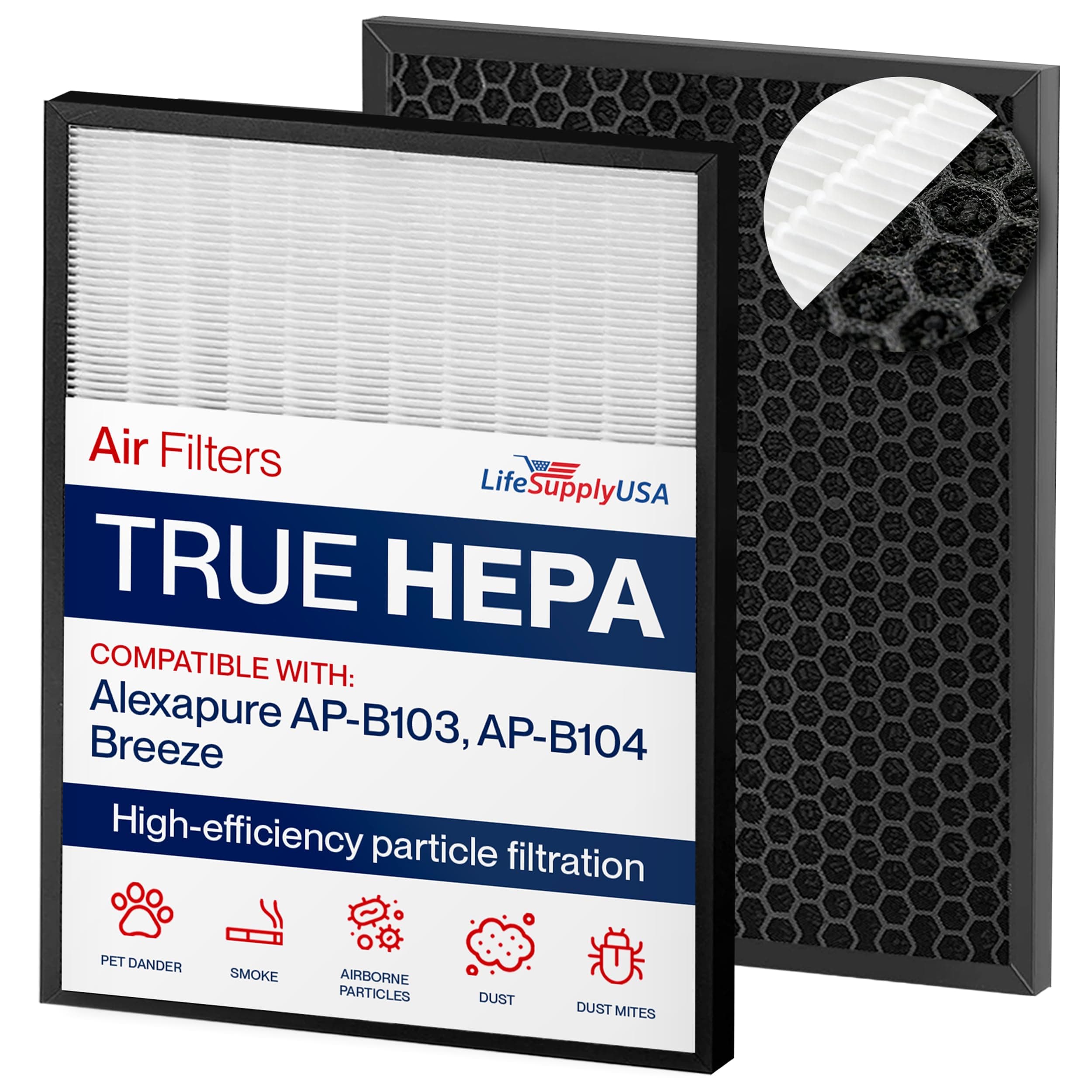 AP-B103 / AP-B104 Filter Set Replacement Compatible with Alexapure Breeze AP-B102, 3049 Air Purifier -True HEPA + Activated Carbon by LifeSupplyUSA